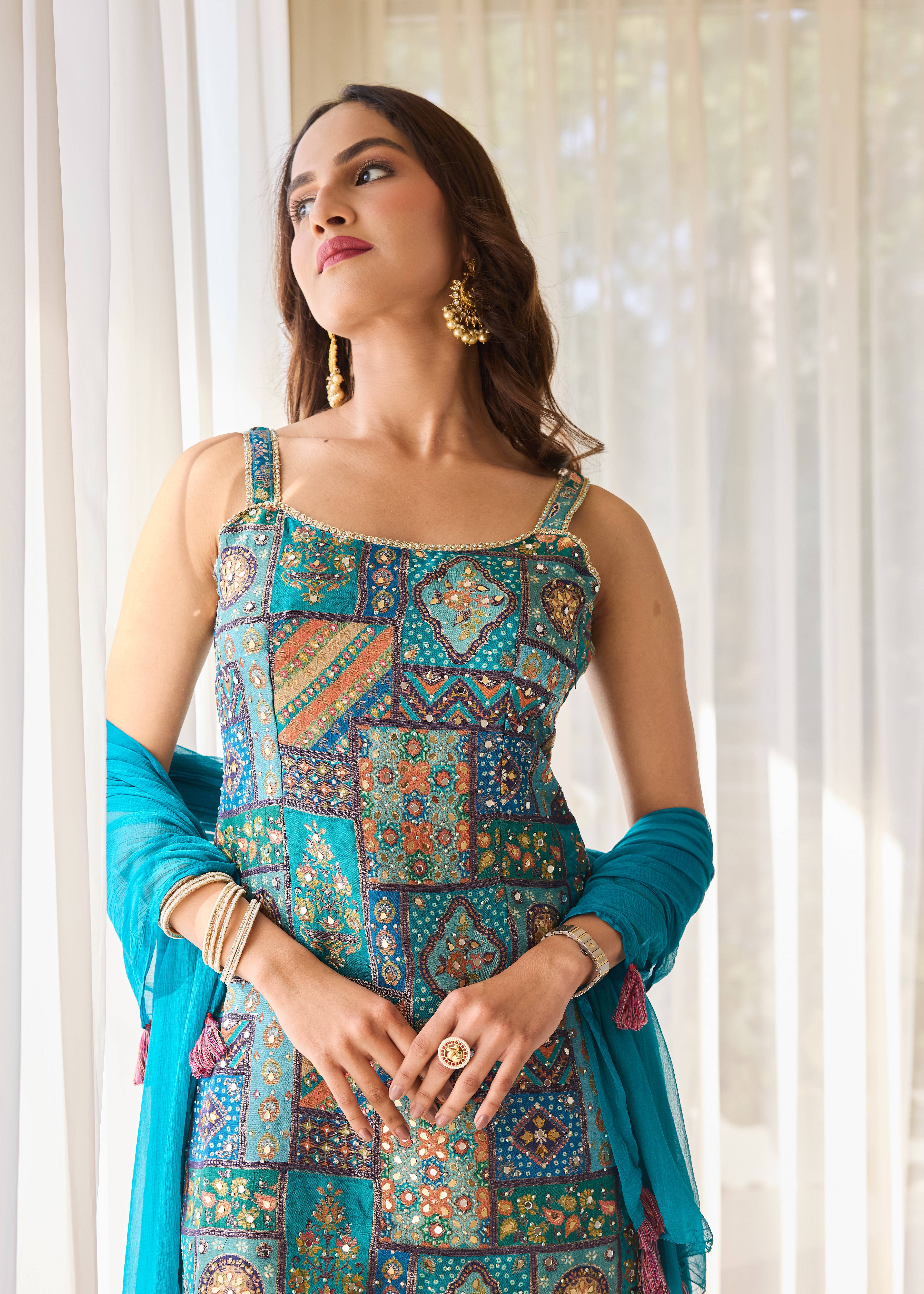 Teal Patchwork Mirrorwork Sharara Set Image - 1