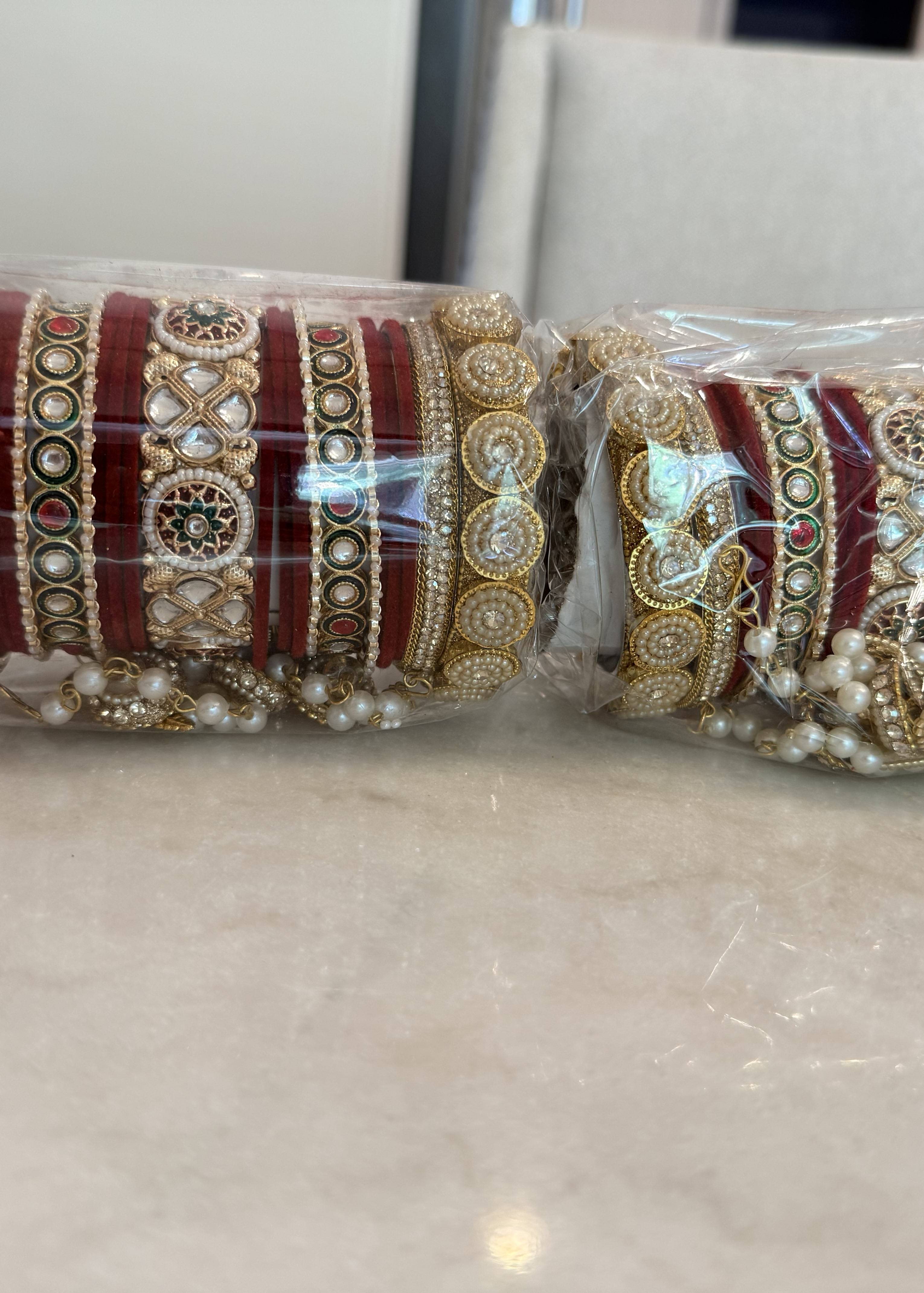 Red & Gold Bridal Kundan Bangle Set Image - 1