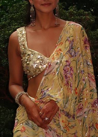 Yellow Floral Print Concept Sari Image - 2