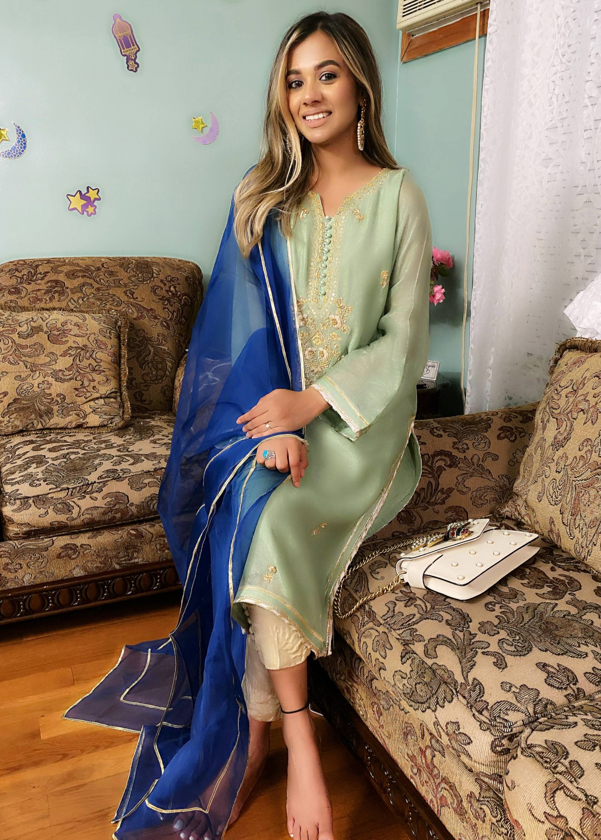 Mint Green Kurta Set with Blue Dupatta Image - 1