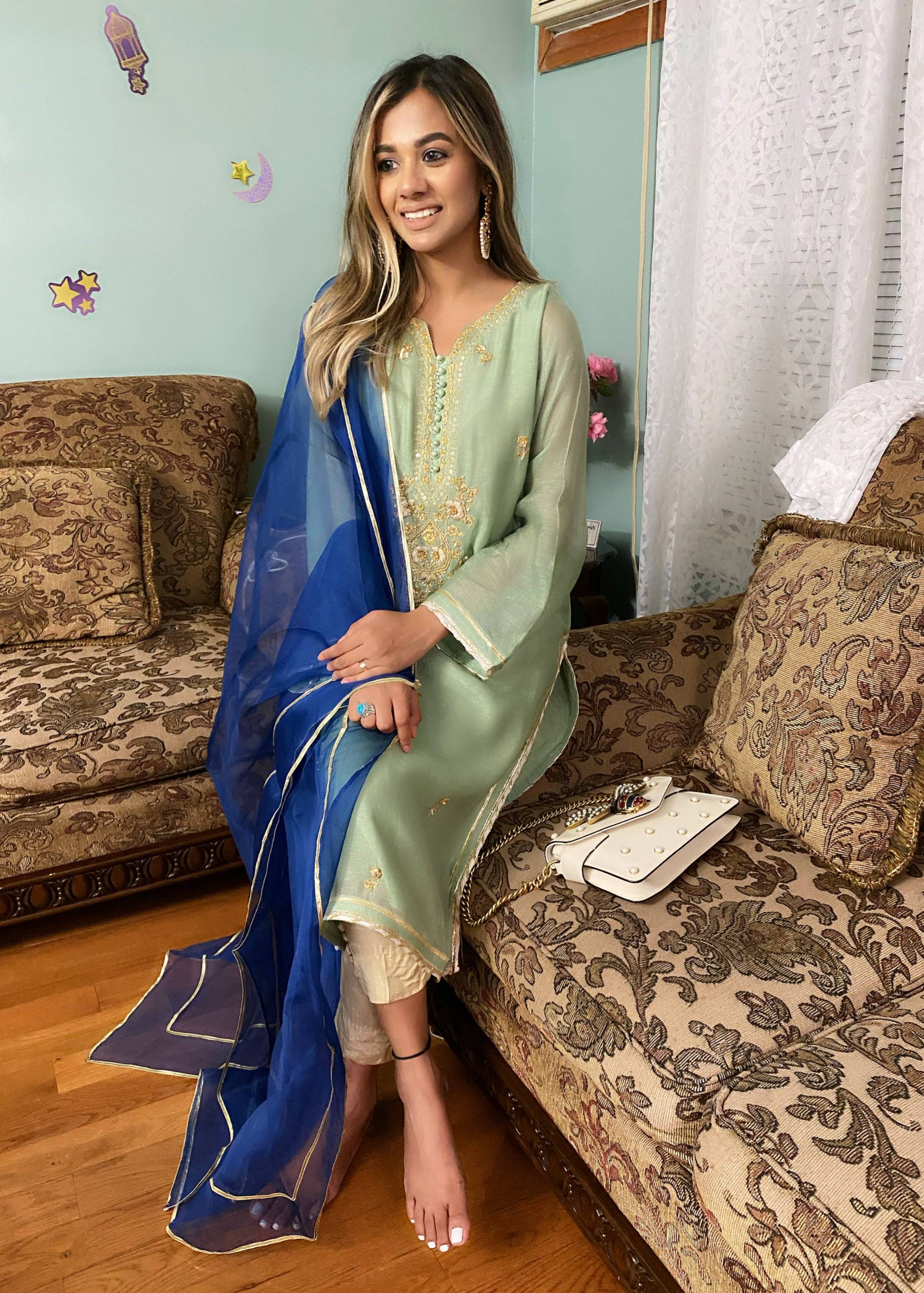 Mint Green Kurta Set with Blue Dupatta Image - 2