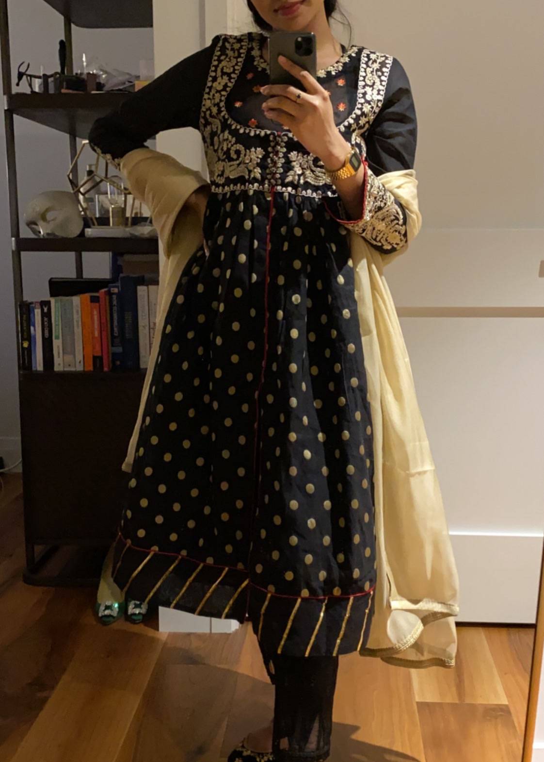 Black Gold Polka Dot Anarkali Set Image - 1