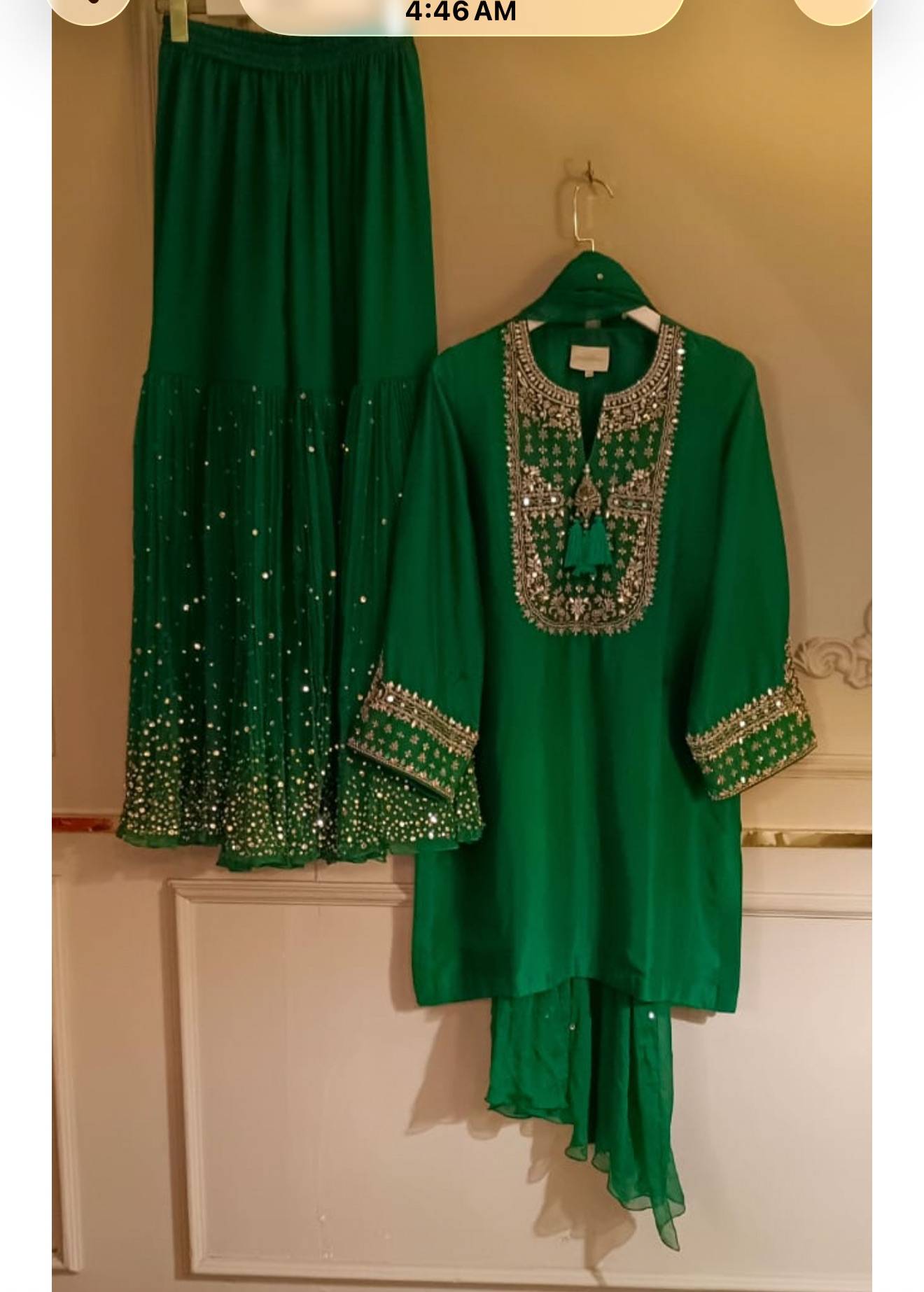 Green Raw Silk Mirrorwork Gharara Set Image - 2