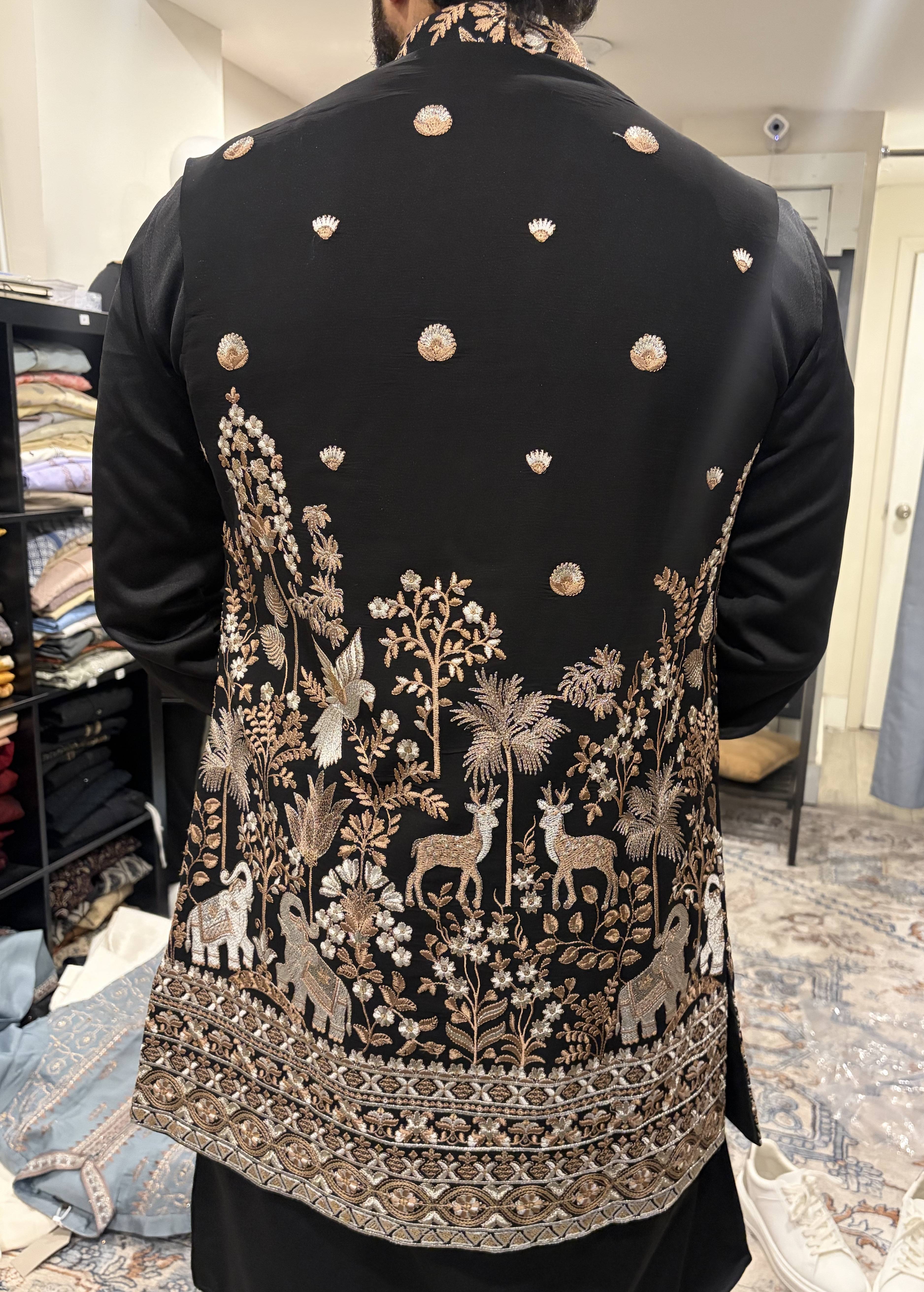 Black Embroidered Nehru Jacket Kurta Set Image - 2