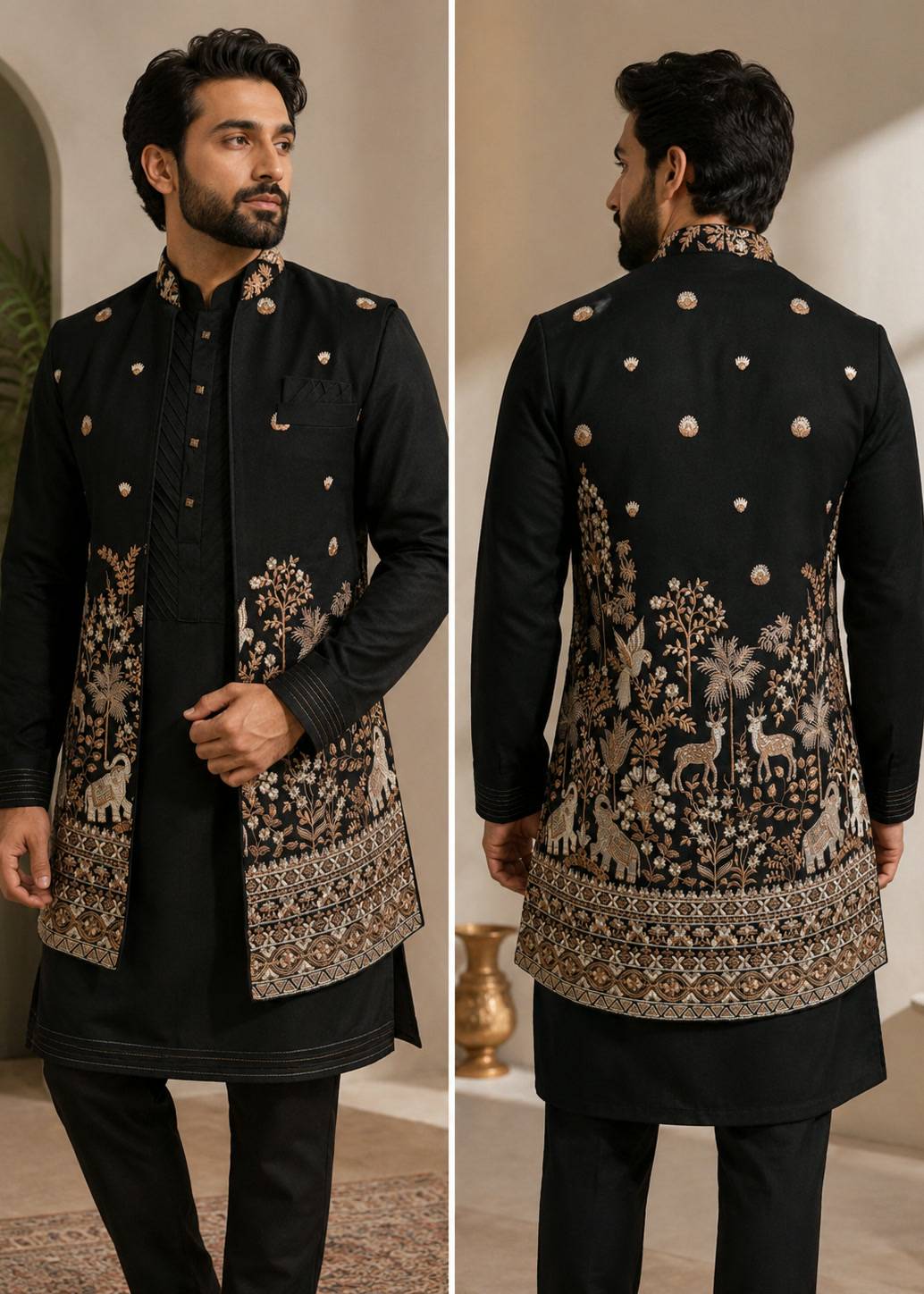 Black Embroidered Nehru Jacket Kurta Set Image - 0