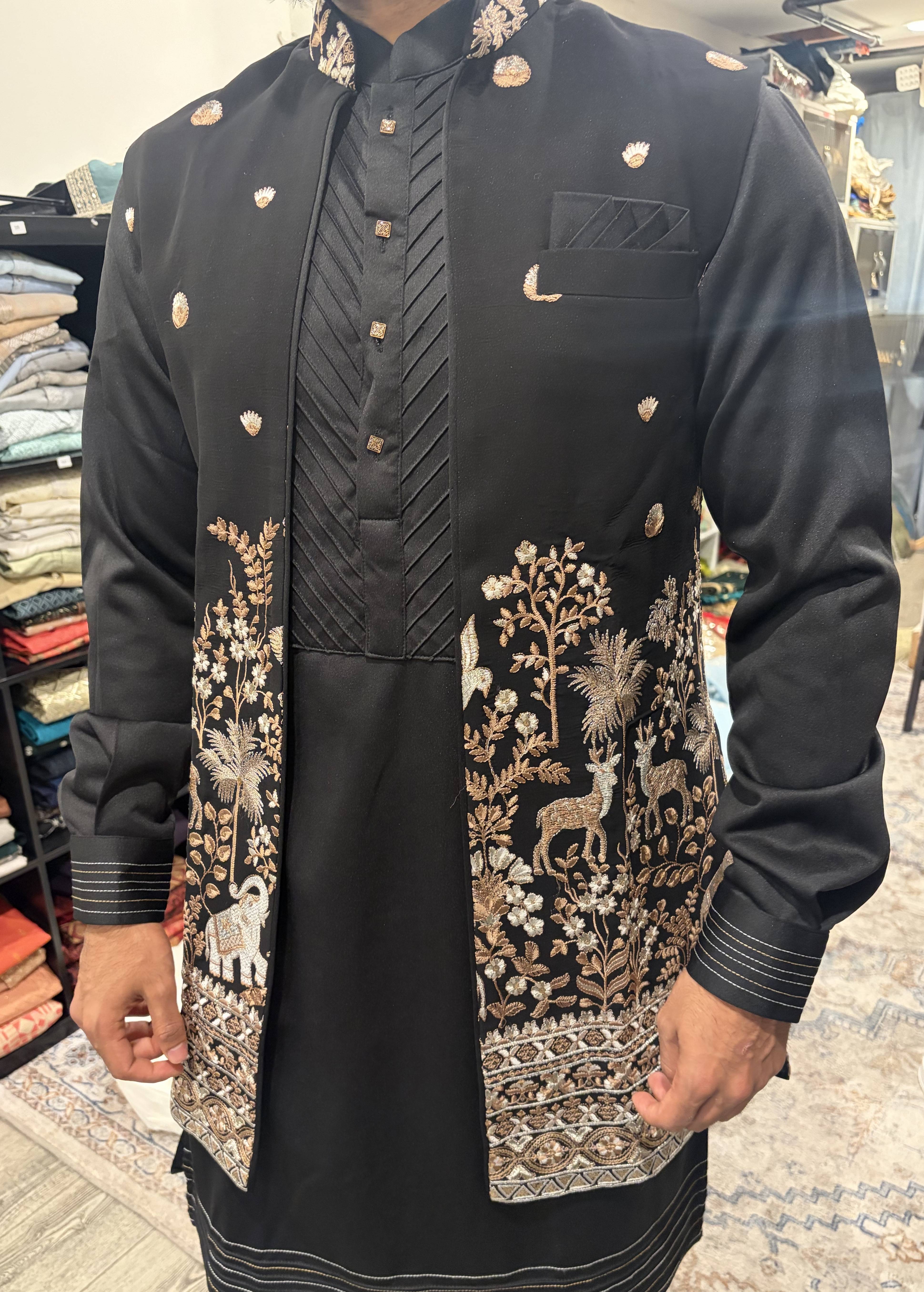 Black Embroidered Nehru Jacket Kurta Set Image - 1