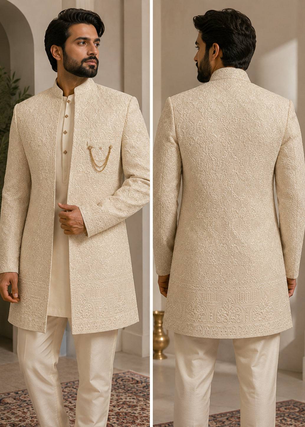 Ivory Embroidered Sherwani Jacket Set Image - 0