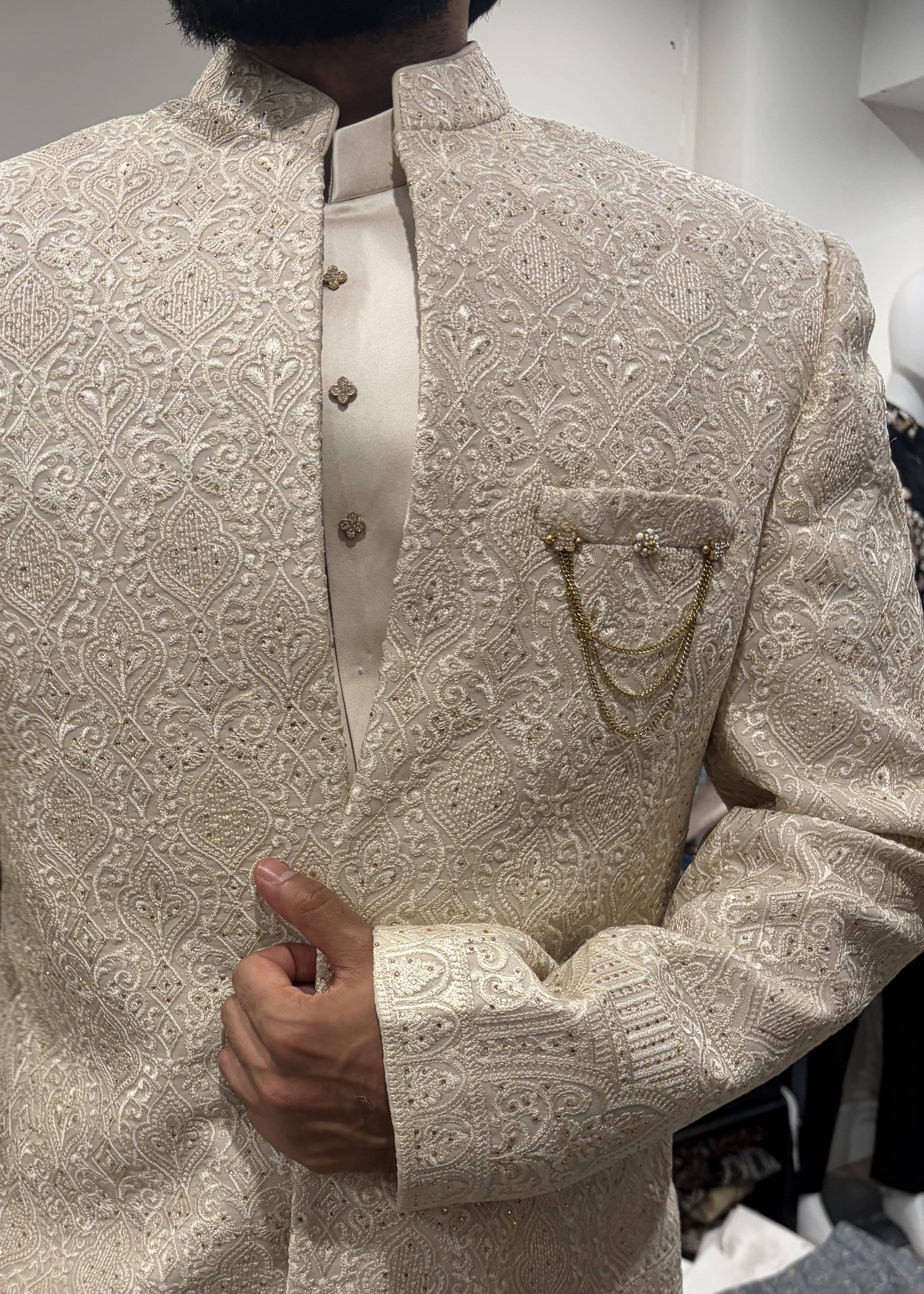 Ivory Embroidered Sherwani Jacket Set Image - 1