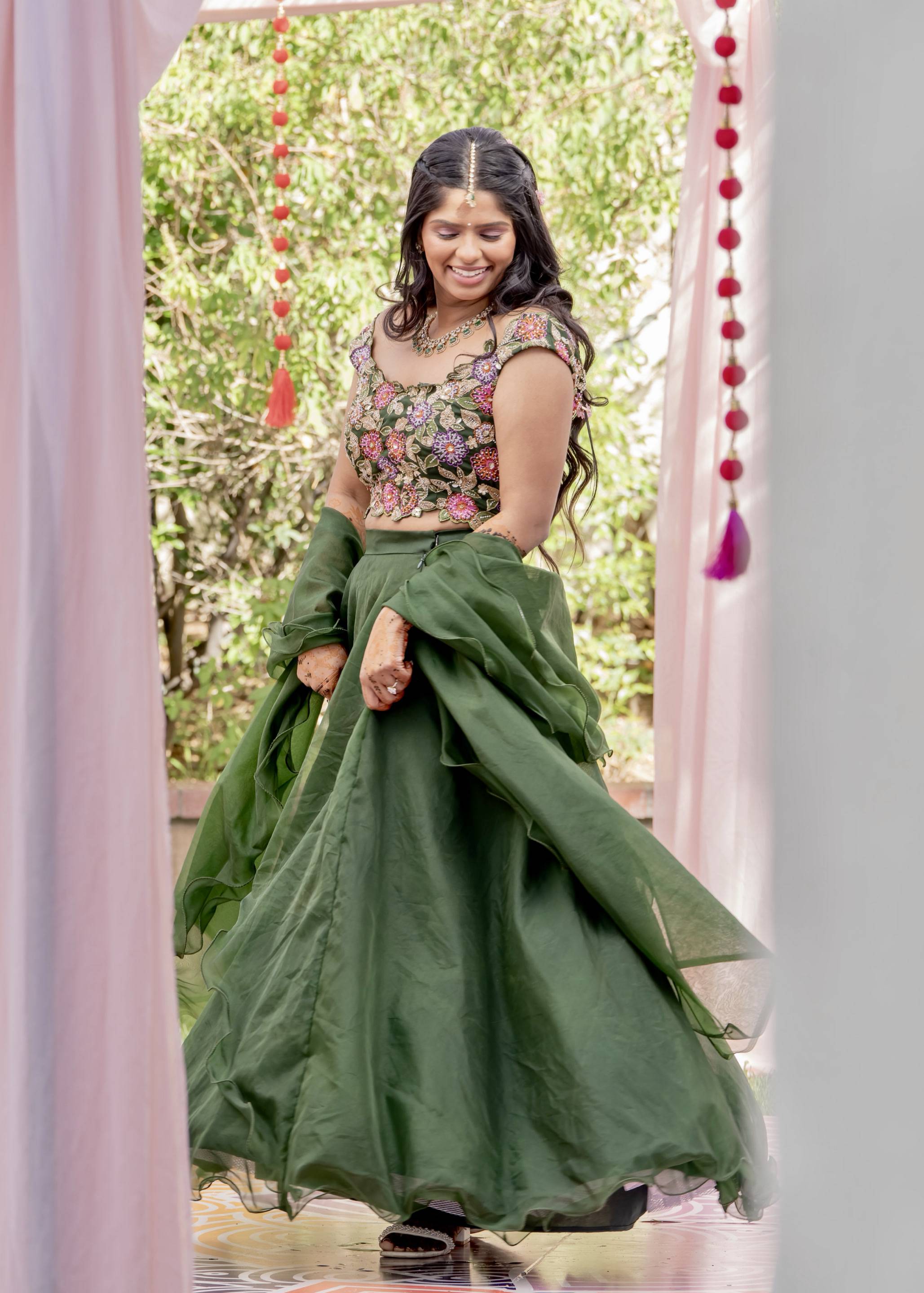 Forest Green Floral Embroidered Lehenga Image - 0