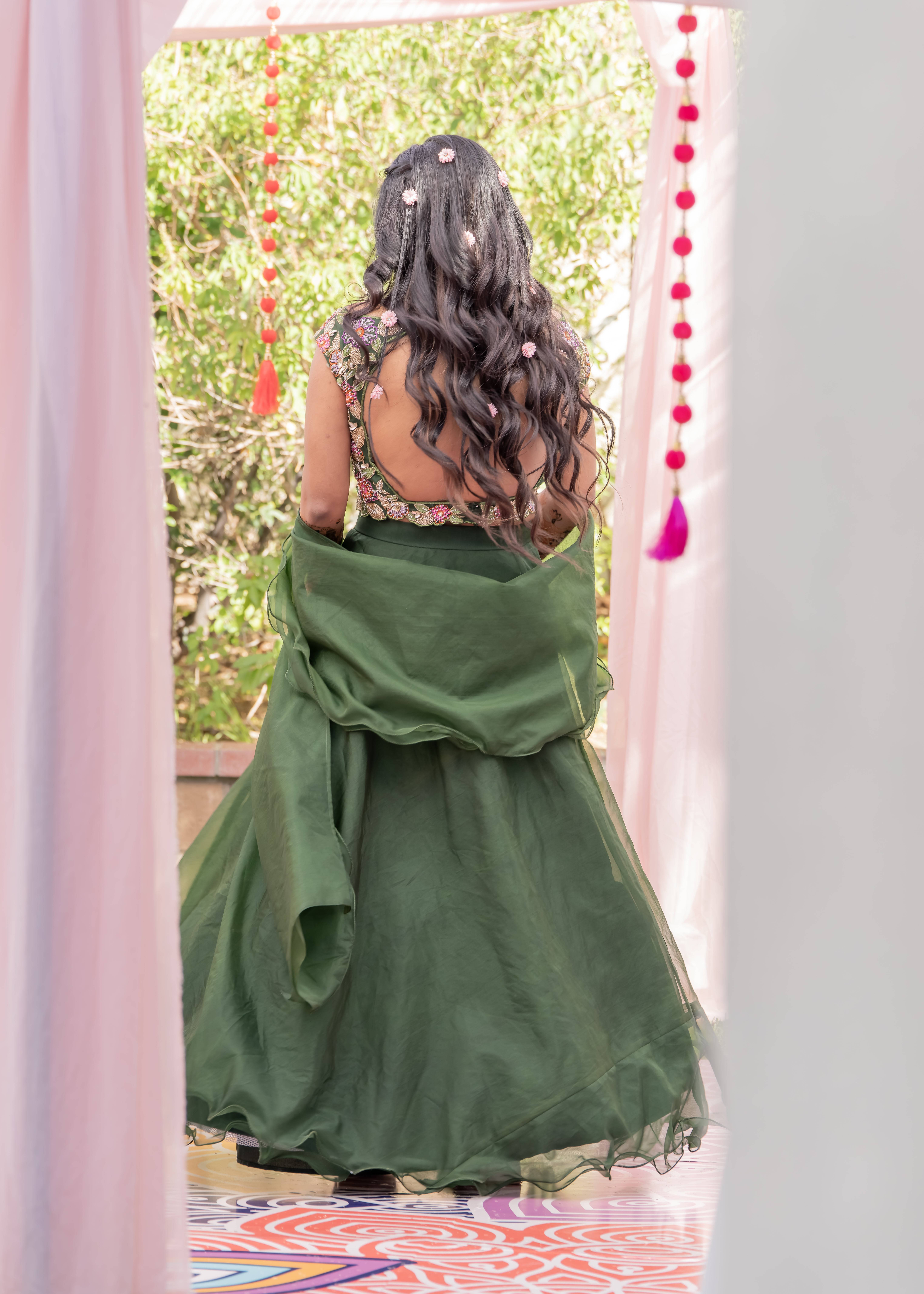 Forest Green Floral Embroidered Lehenga Image - 3