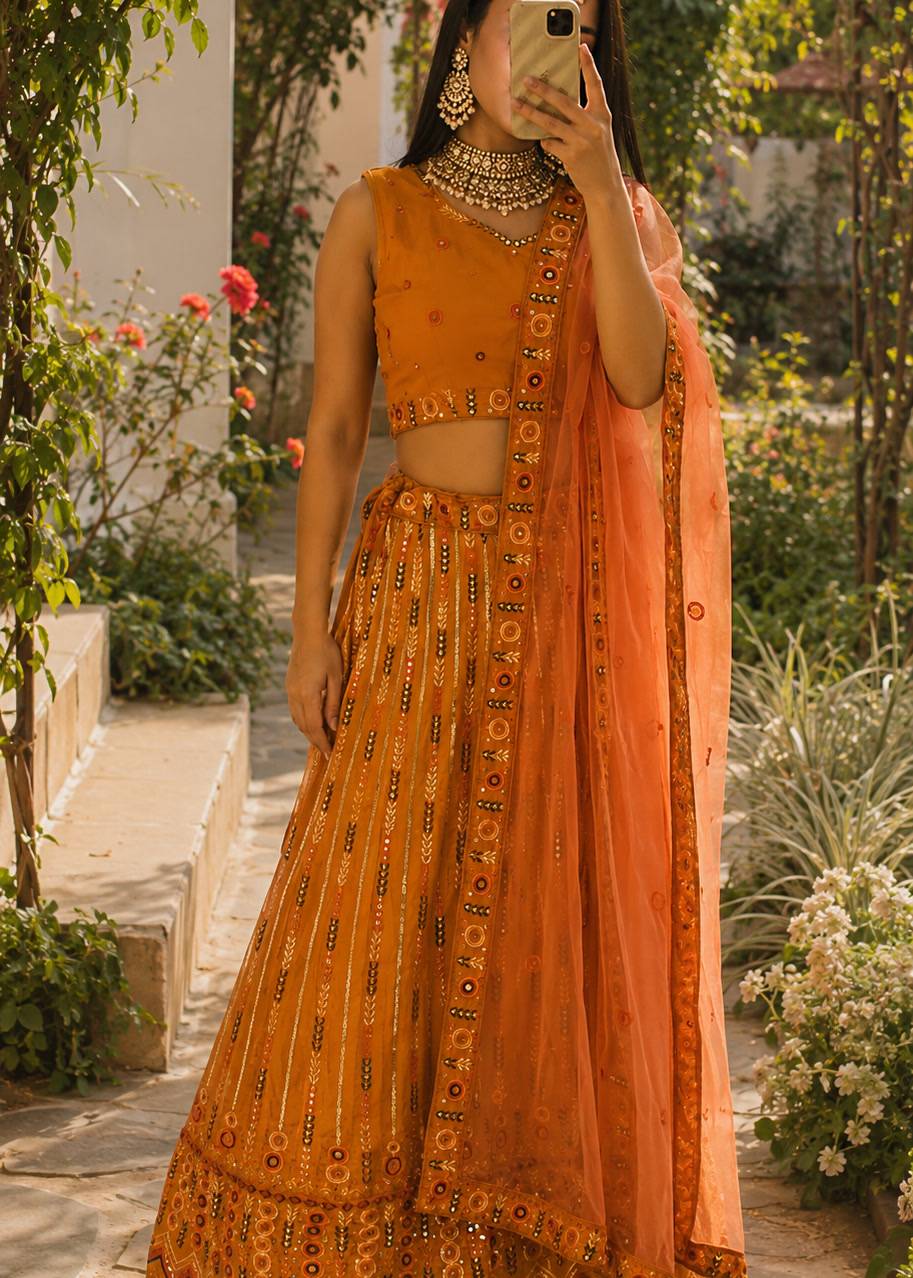 Orange Sequin Lehenga Image - 0