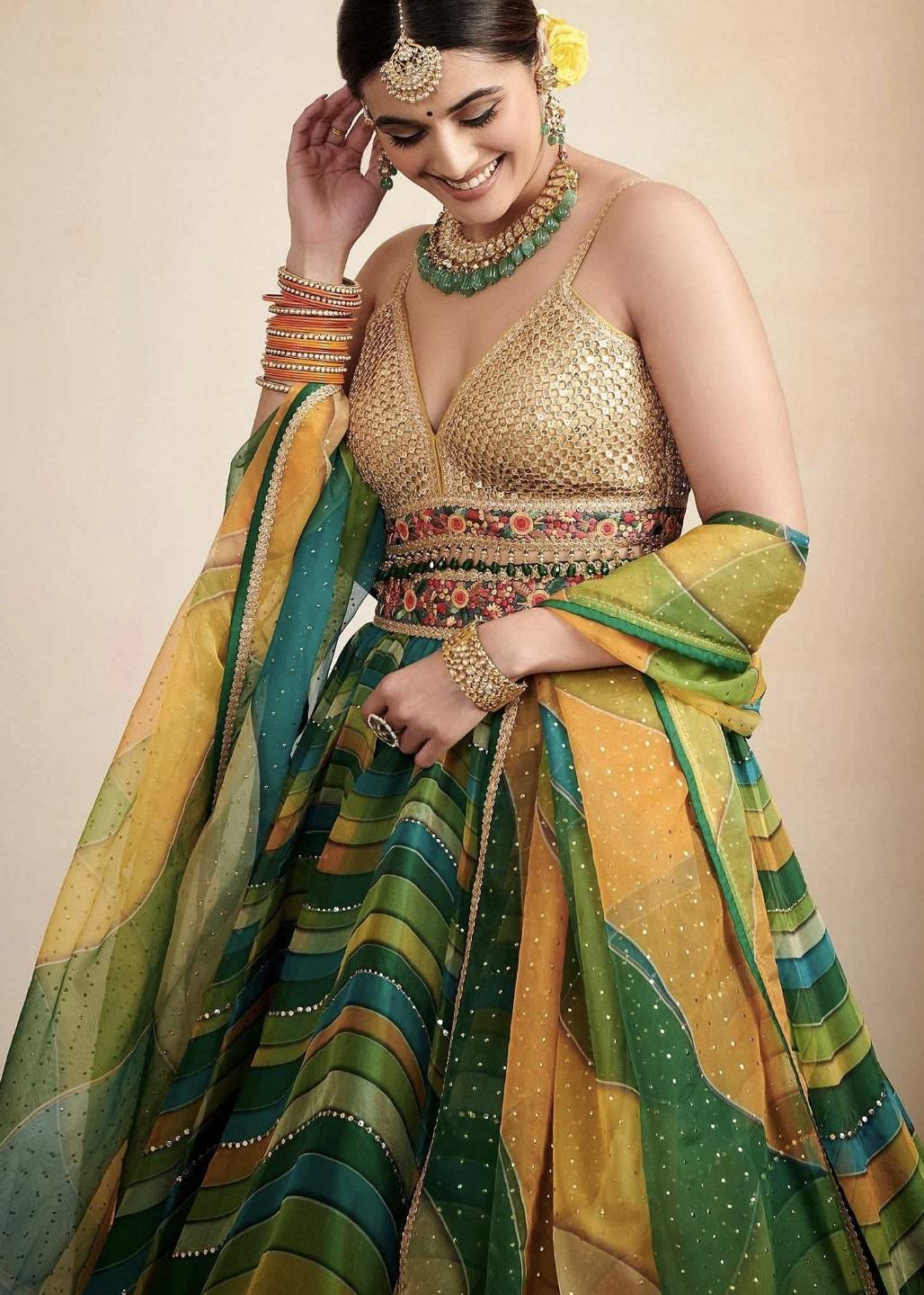 Green Wave Print Lehenga Image - 3