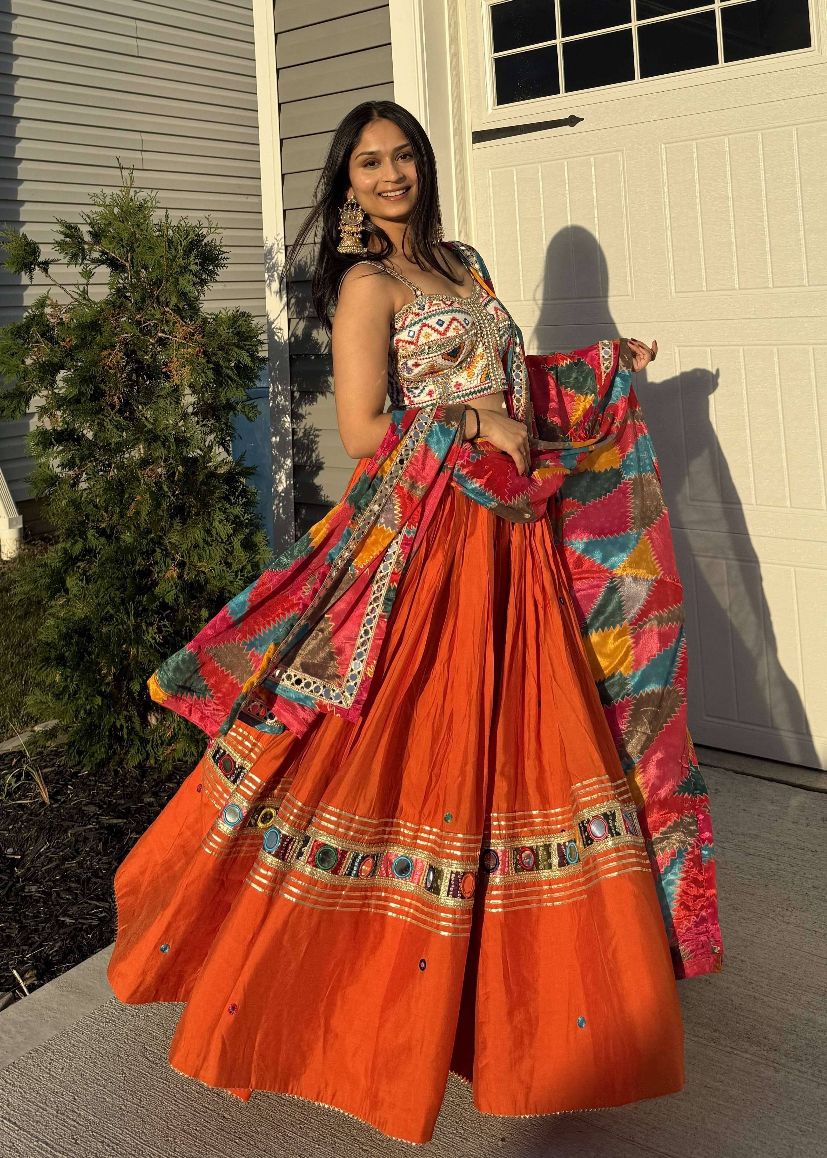 Orange Mirrorwork Lehenga Set Image - 1