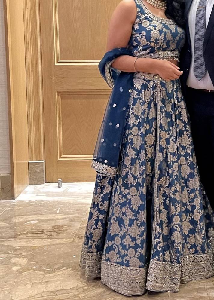 Navy Gold Floral Brocade Lehenga Image - 0