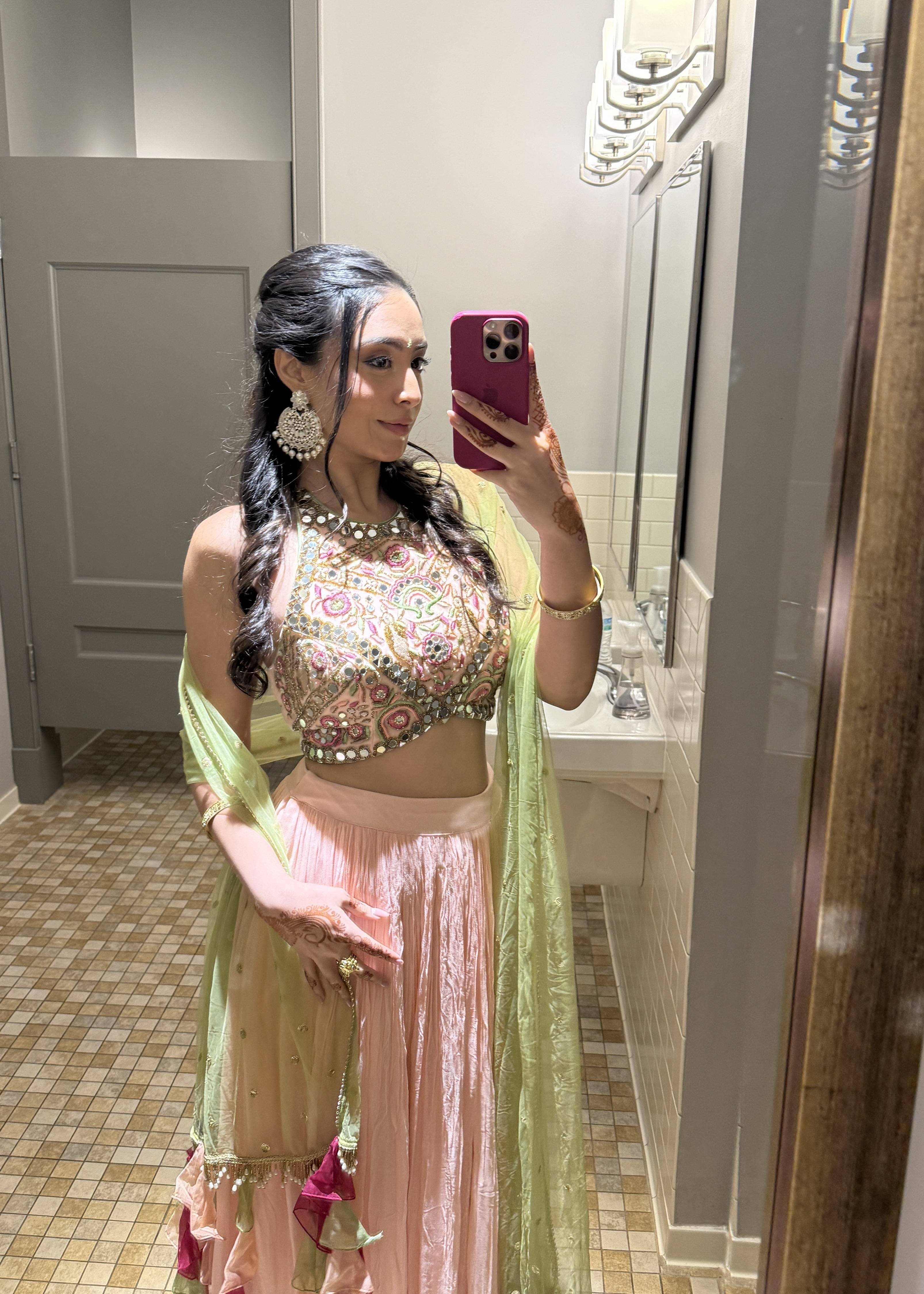 Peach & Green Mirrorwork Lehenga Image - 1