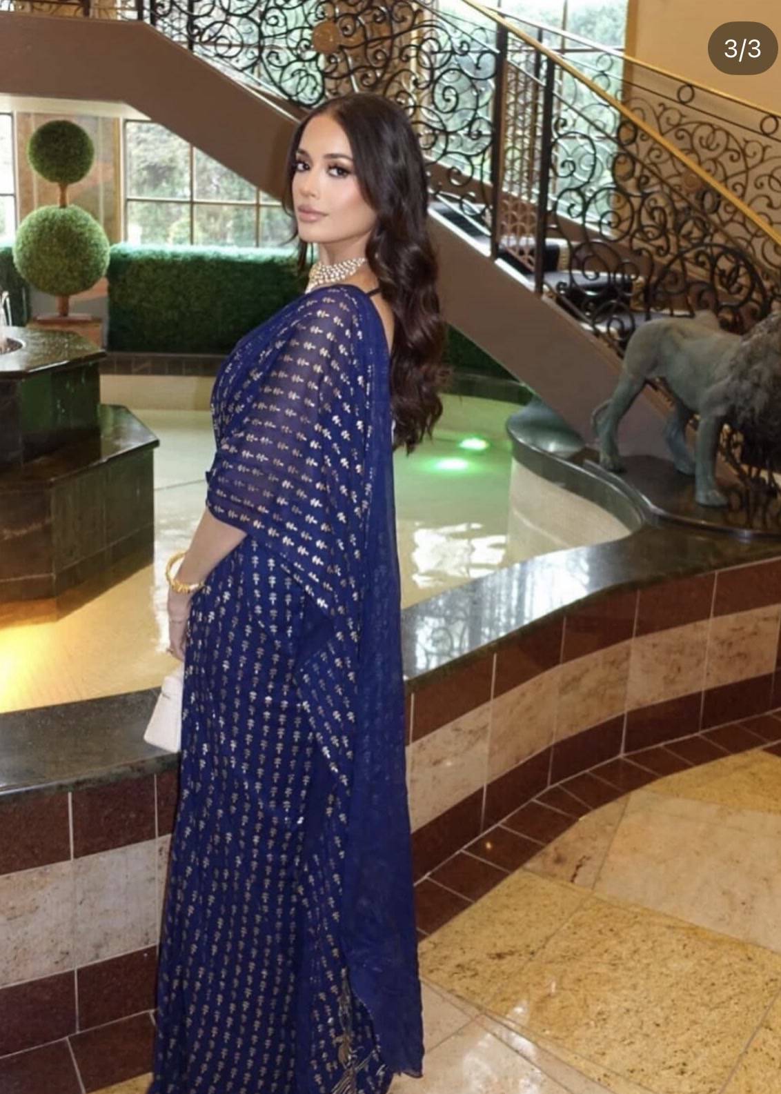Navy Gold Printed Sari Image - 6