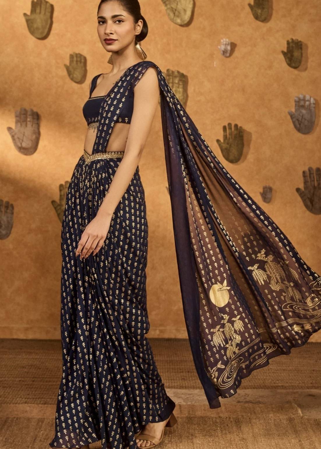 Navy Gold Printed Sari Image - 2