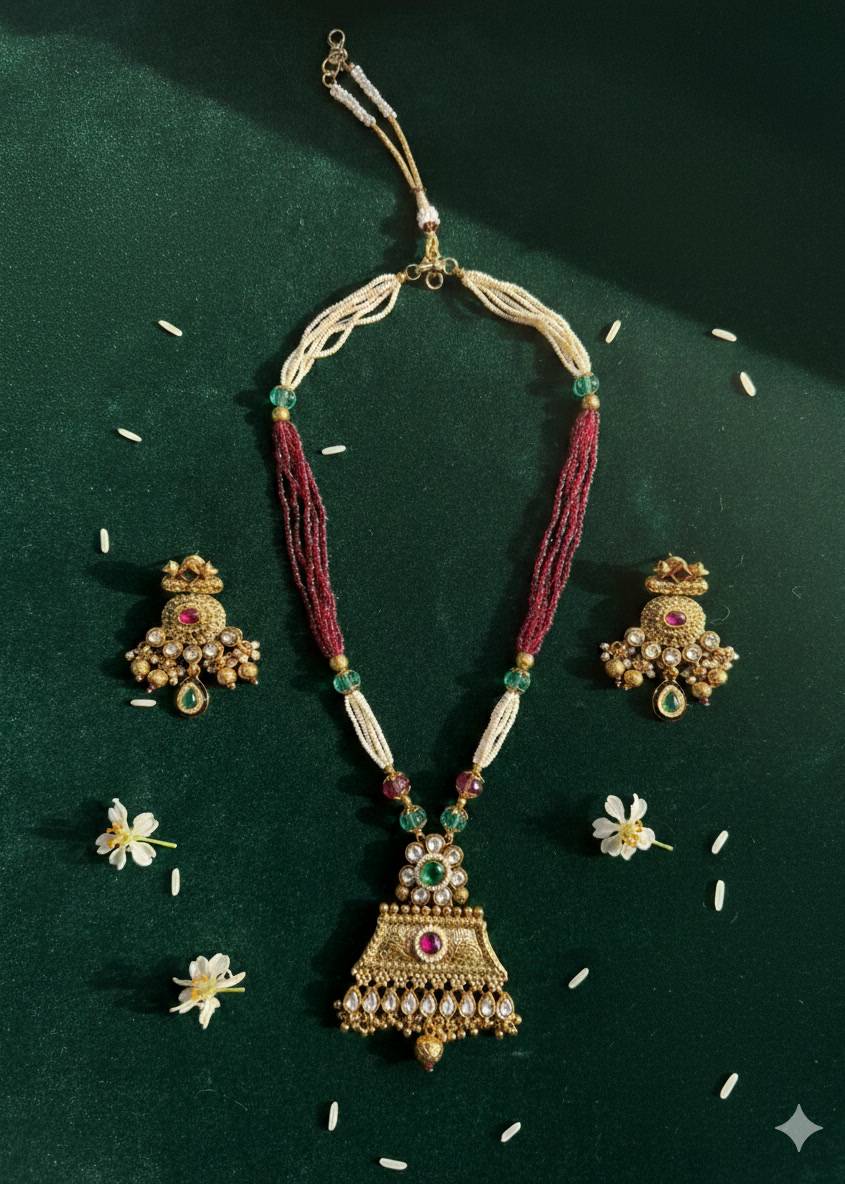Maroon and Green Jewel Beaded Necklace Set Image - 0