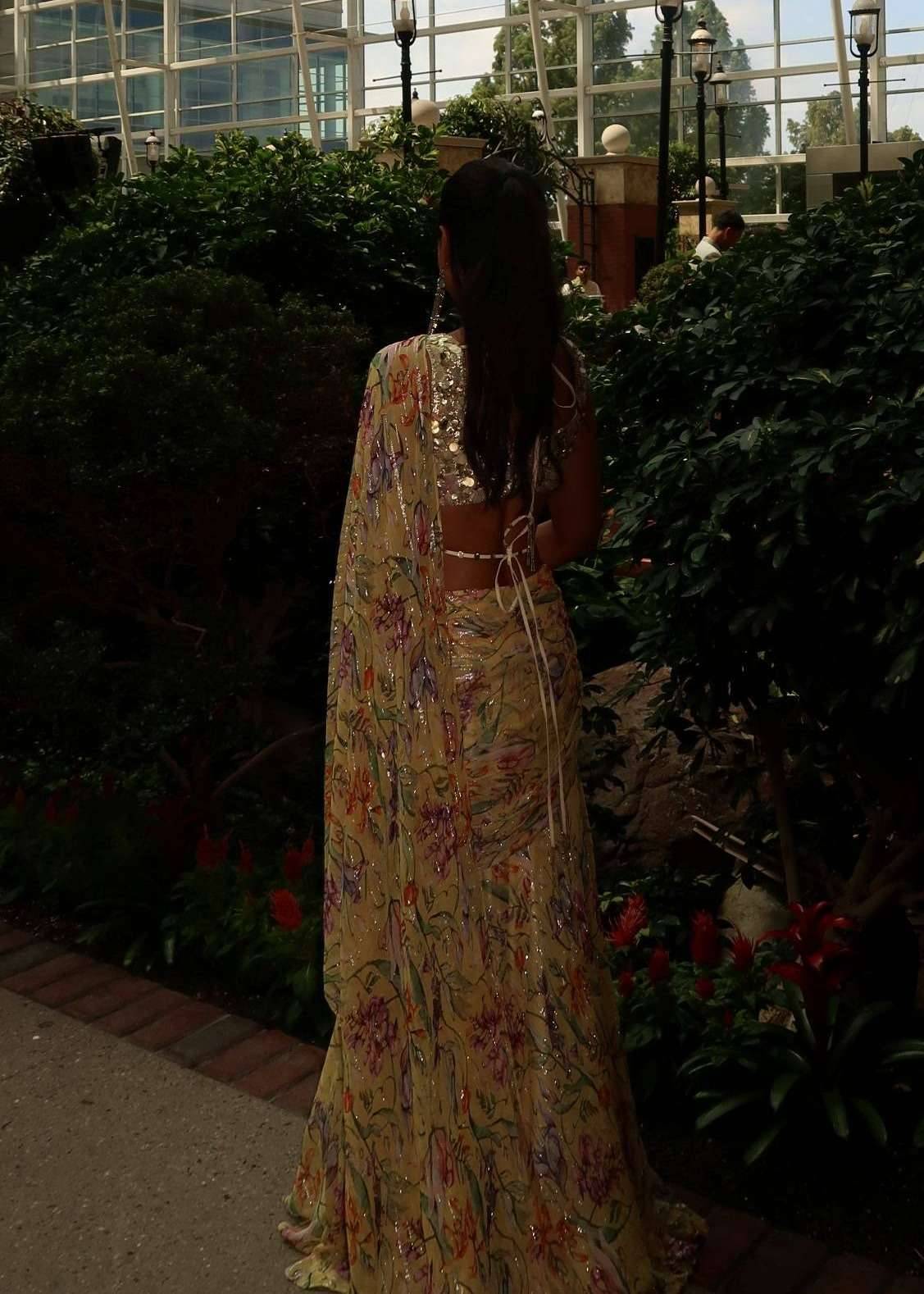 Yellow Floral Print Concept Sari Image - 1