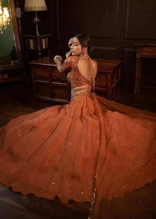 Rust Orange Organza Lehenga Set Image - 3