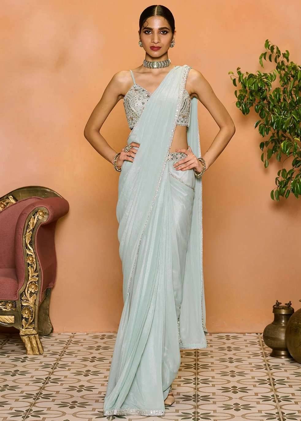 Dusty Mint Georgette Pre-Draped Sari Image - 0