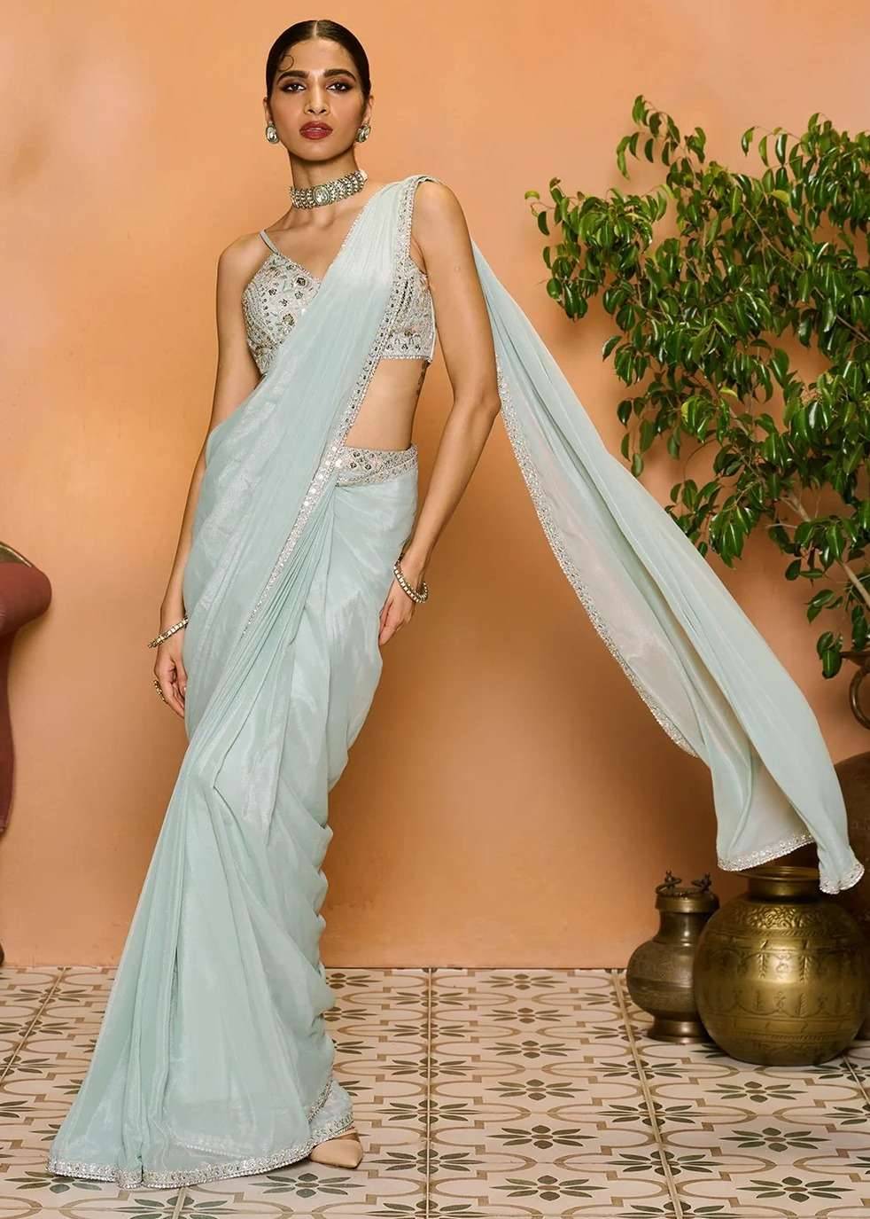 Dusty Mint Georgette Pre-Draped Sari Image - 2