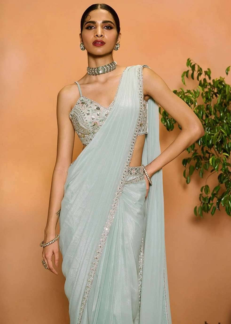 Dusty Mint Georgette Pre-Draped Sari Image - 3
