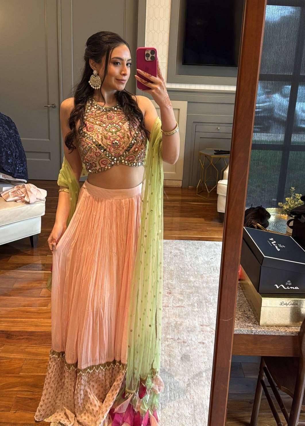 Peach & Green Mirrorwork Lehenga Image - 0