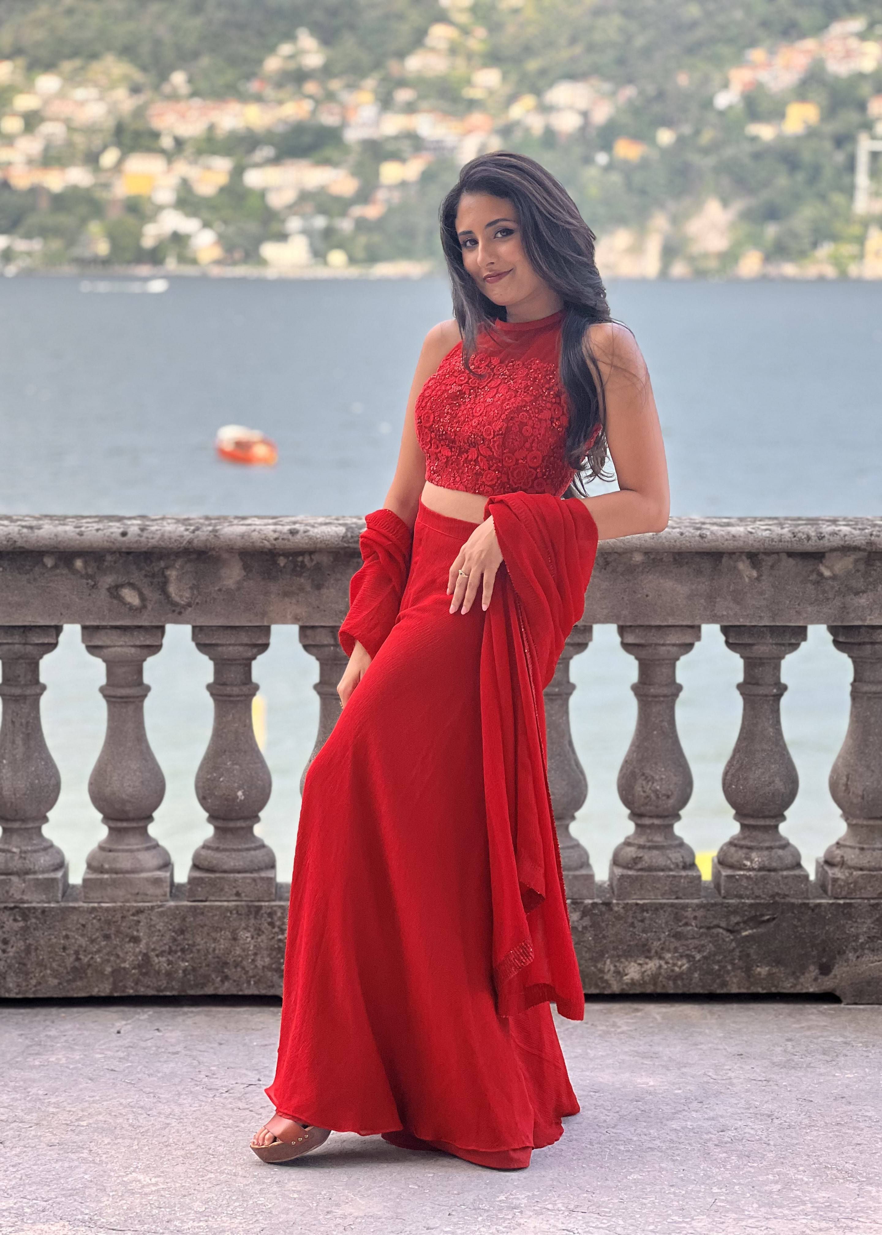 Red Beaded Pant Set Image - 0