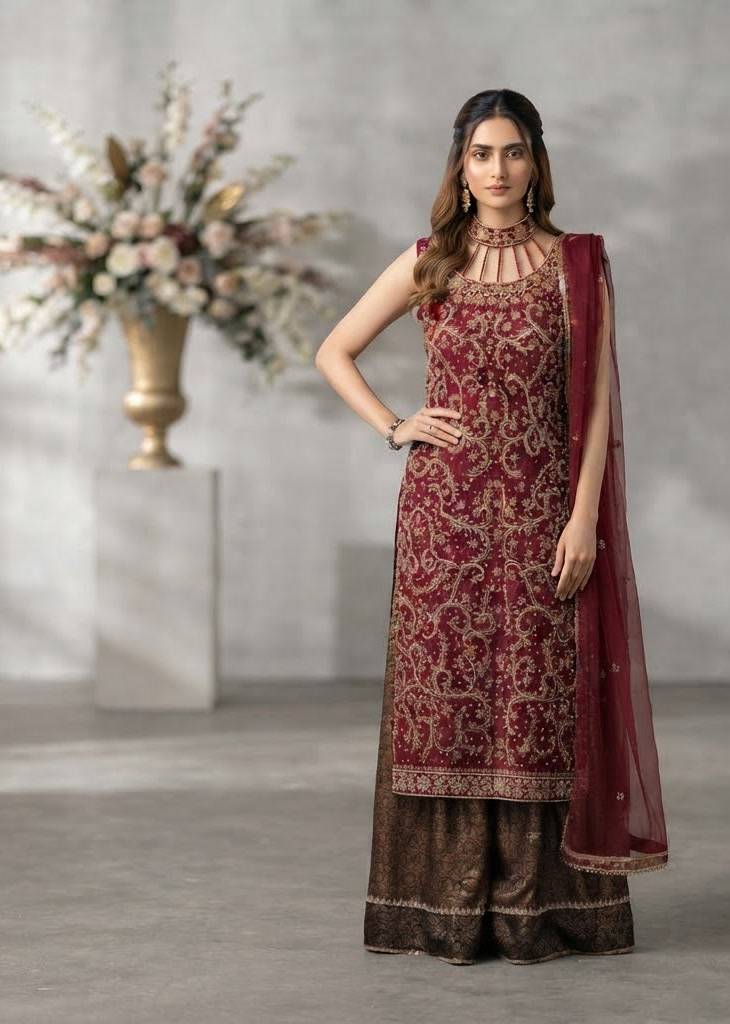 Maroon Embroidered Kurta Set Image - 1