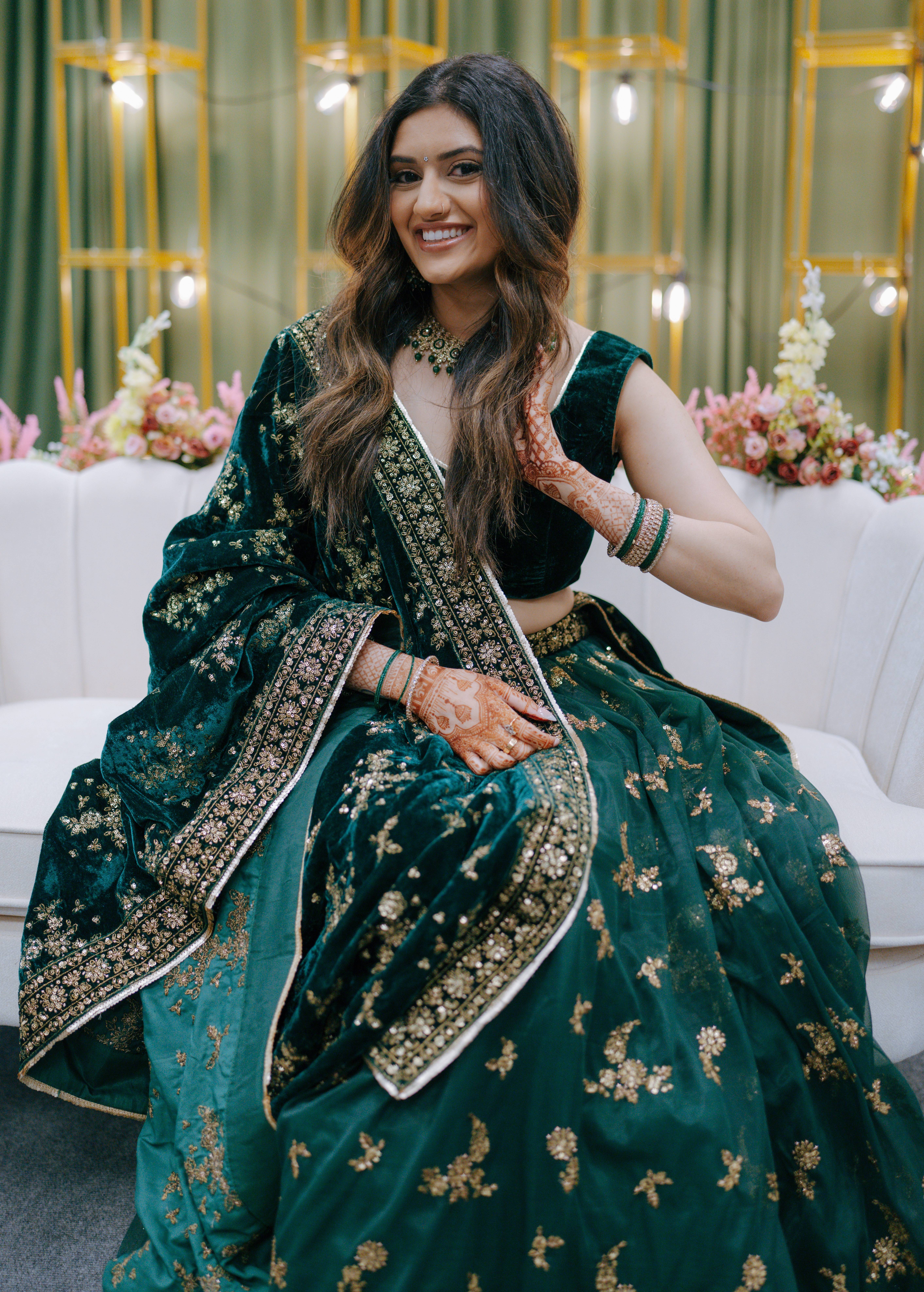 Emerald Green Velvet Lehenga Image - 2
