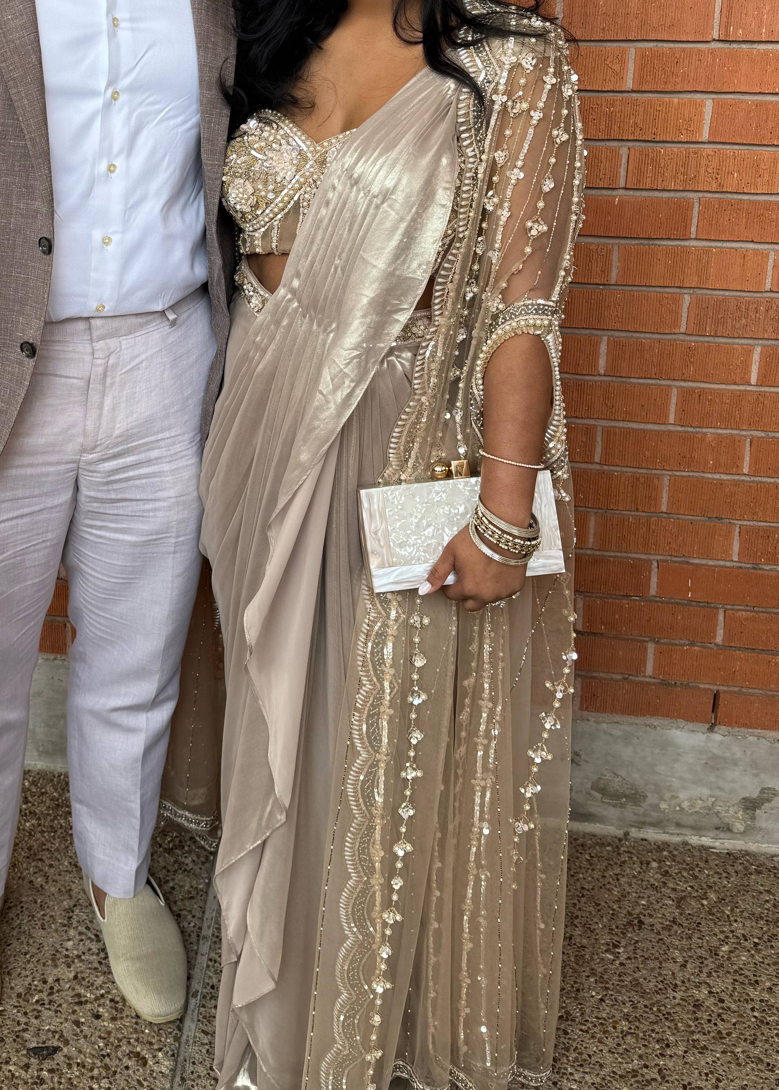 Champagne Pearl Pre-Draped Sari Image - 0