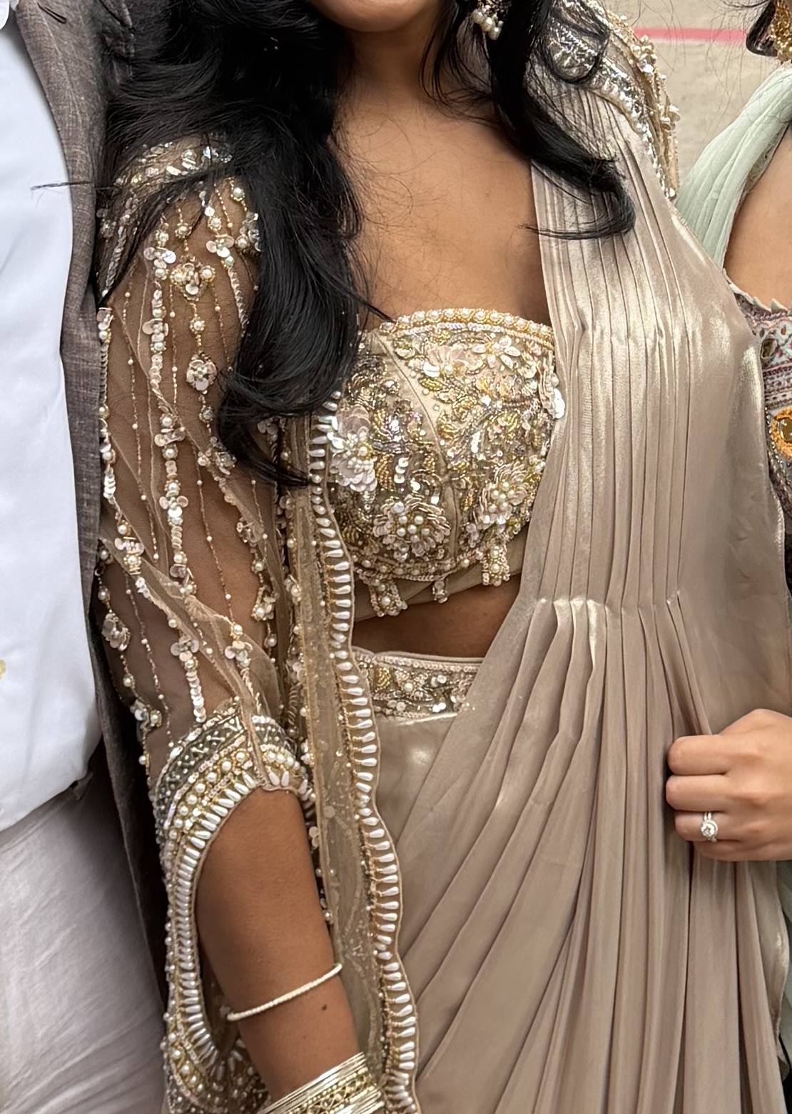 Champagne Pearl Pre-Draped Sari Image - 1