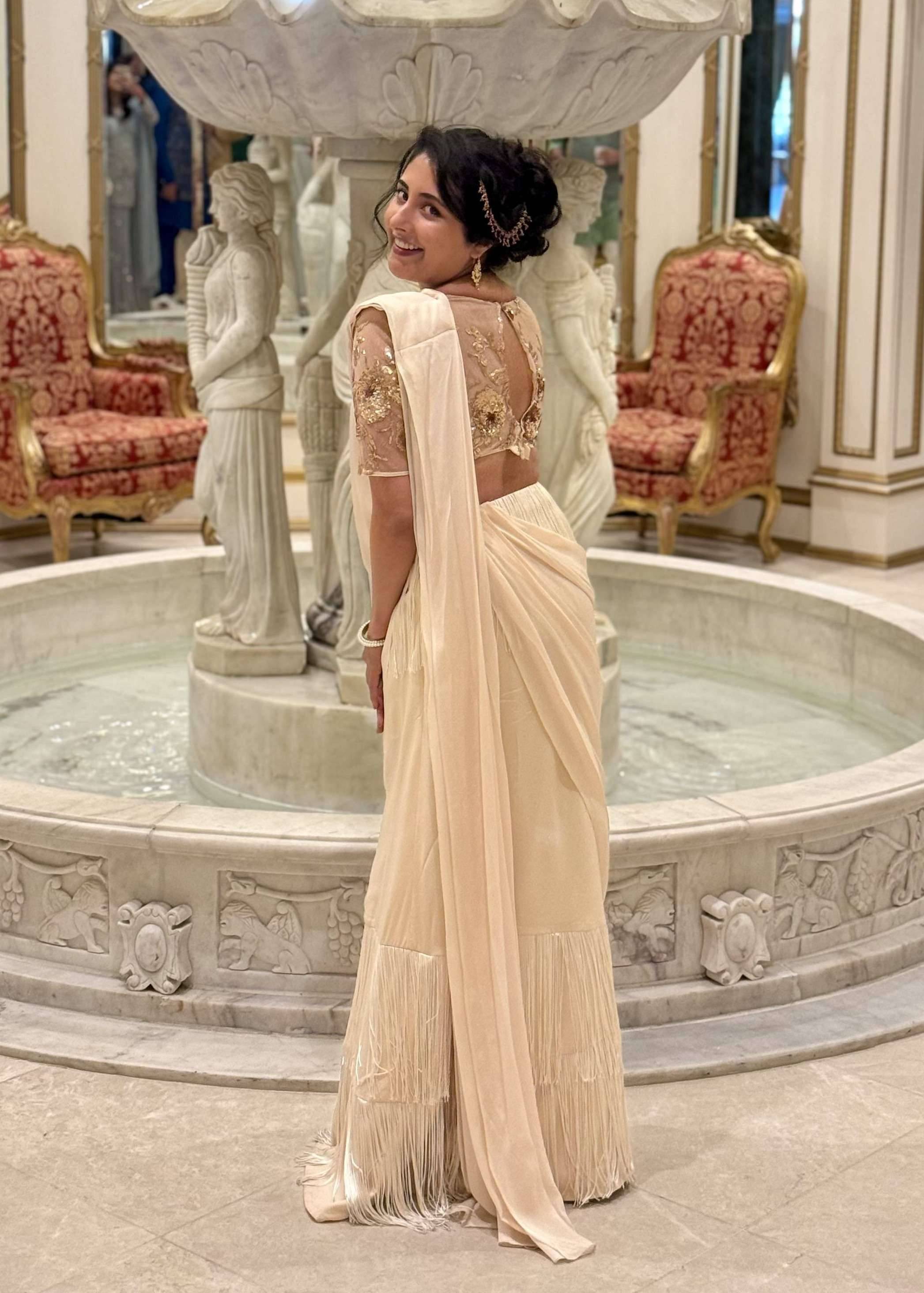 Ivory Fringe Pre-Draped Sari Image - 1