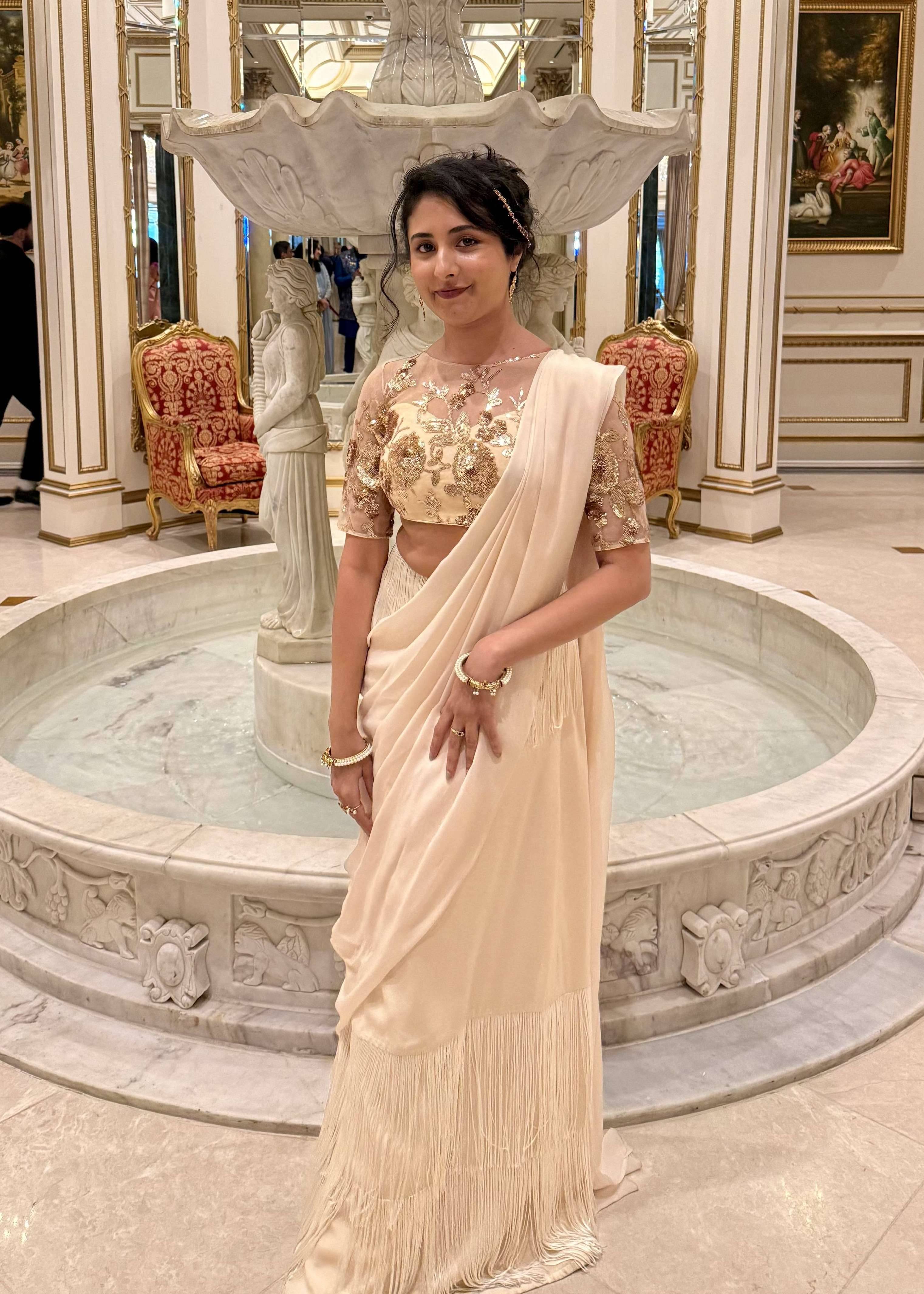 Ivory Fringe Pre-Draped Sari Image - 2