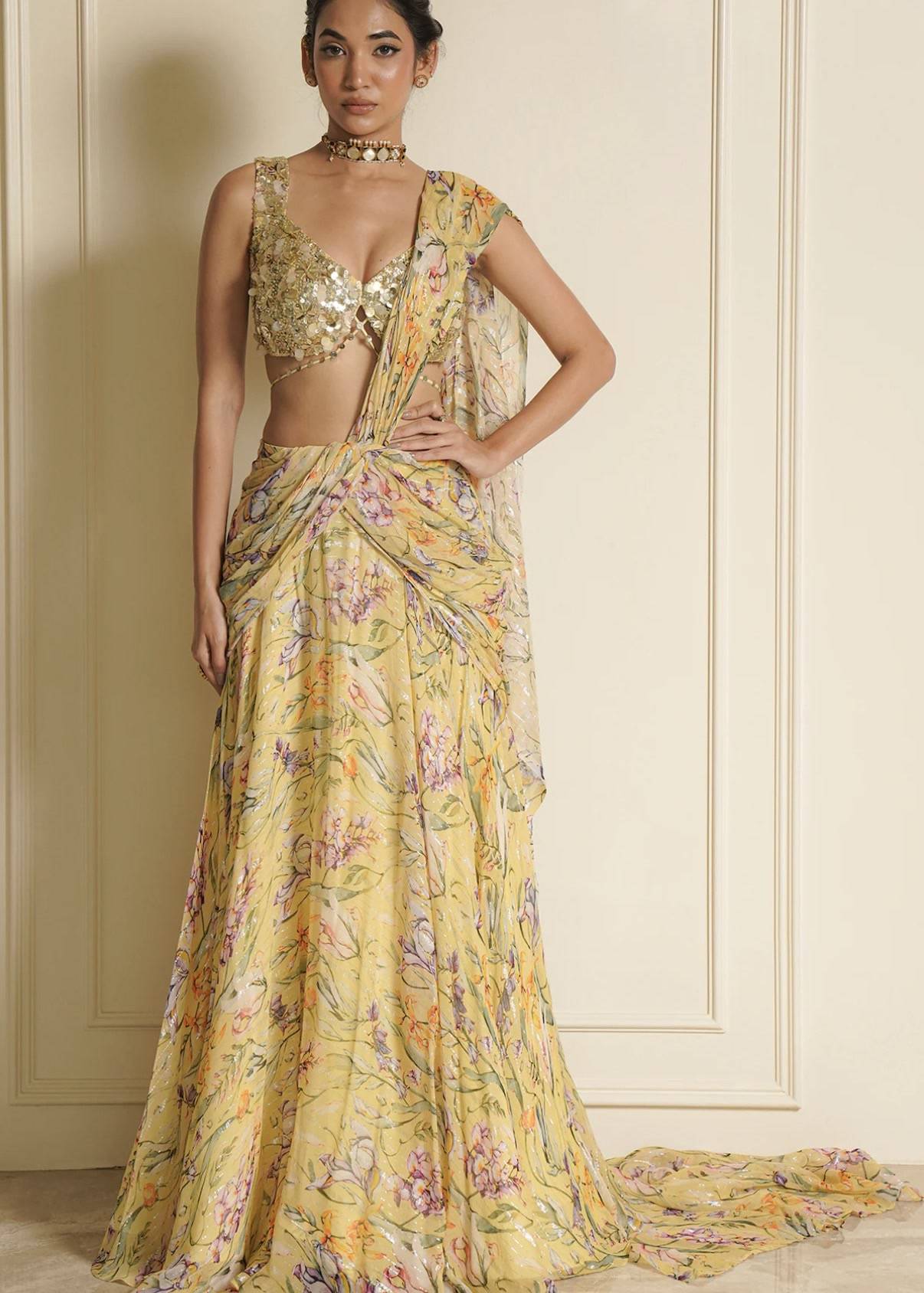 Yellow Floral Sari Image - 0