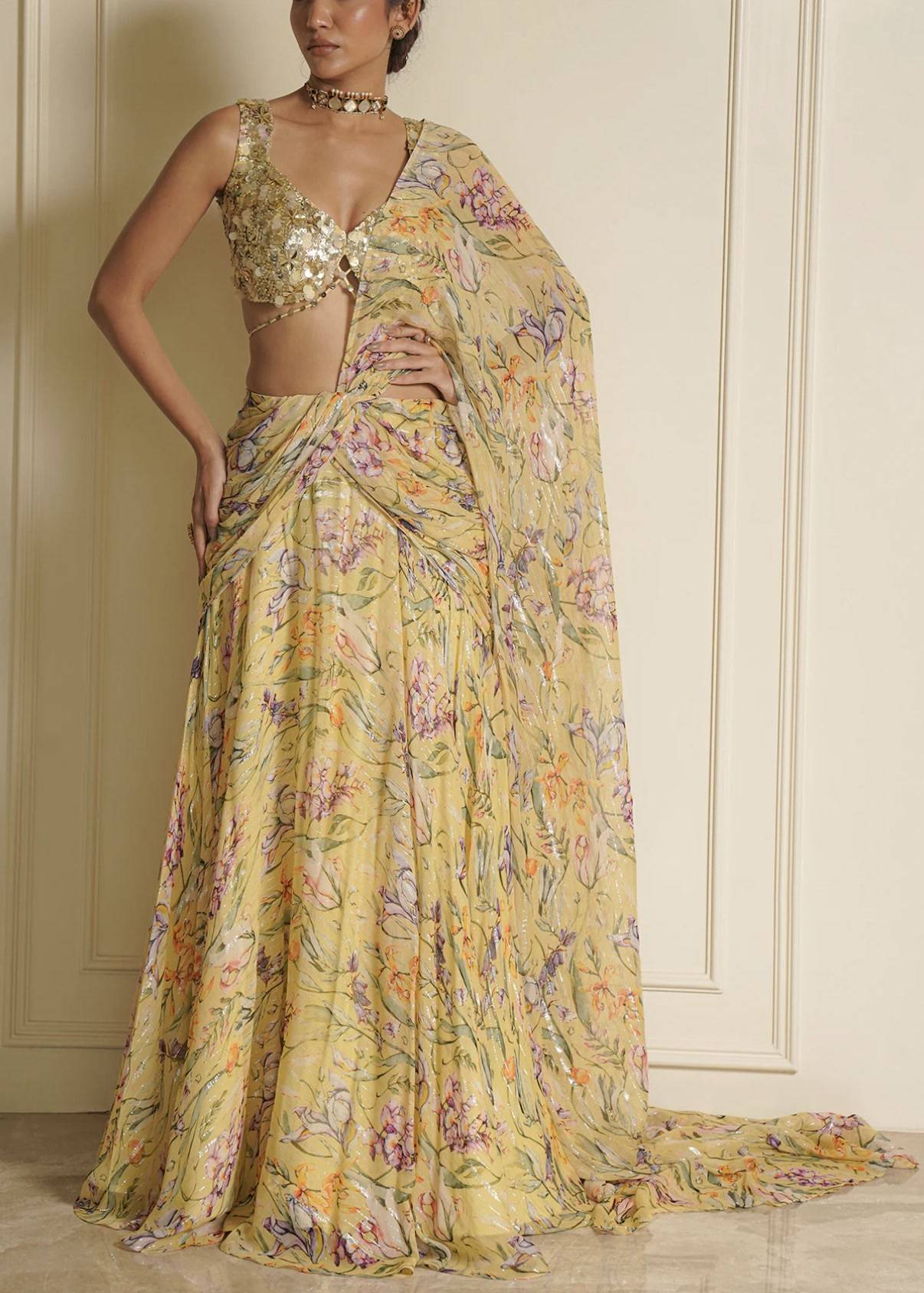 Yellow Floral Sari Image - 2