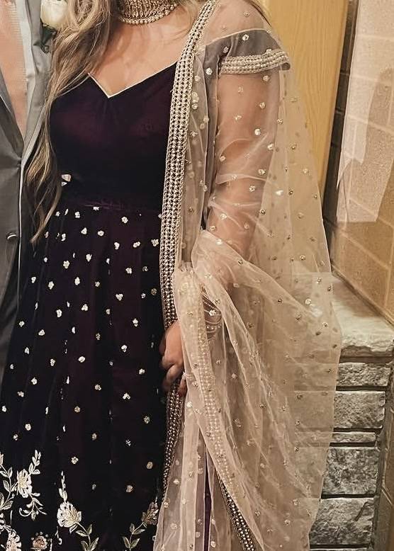Wine Velvet Mirrorwork Lehenga Image - 2