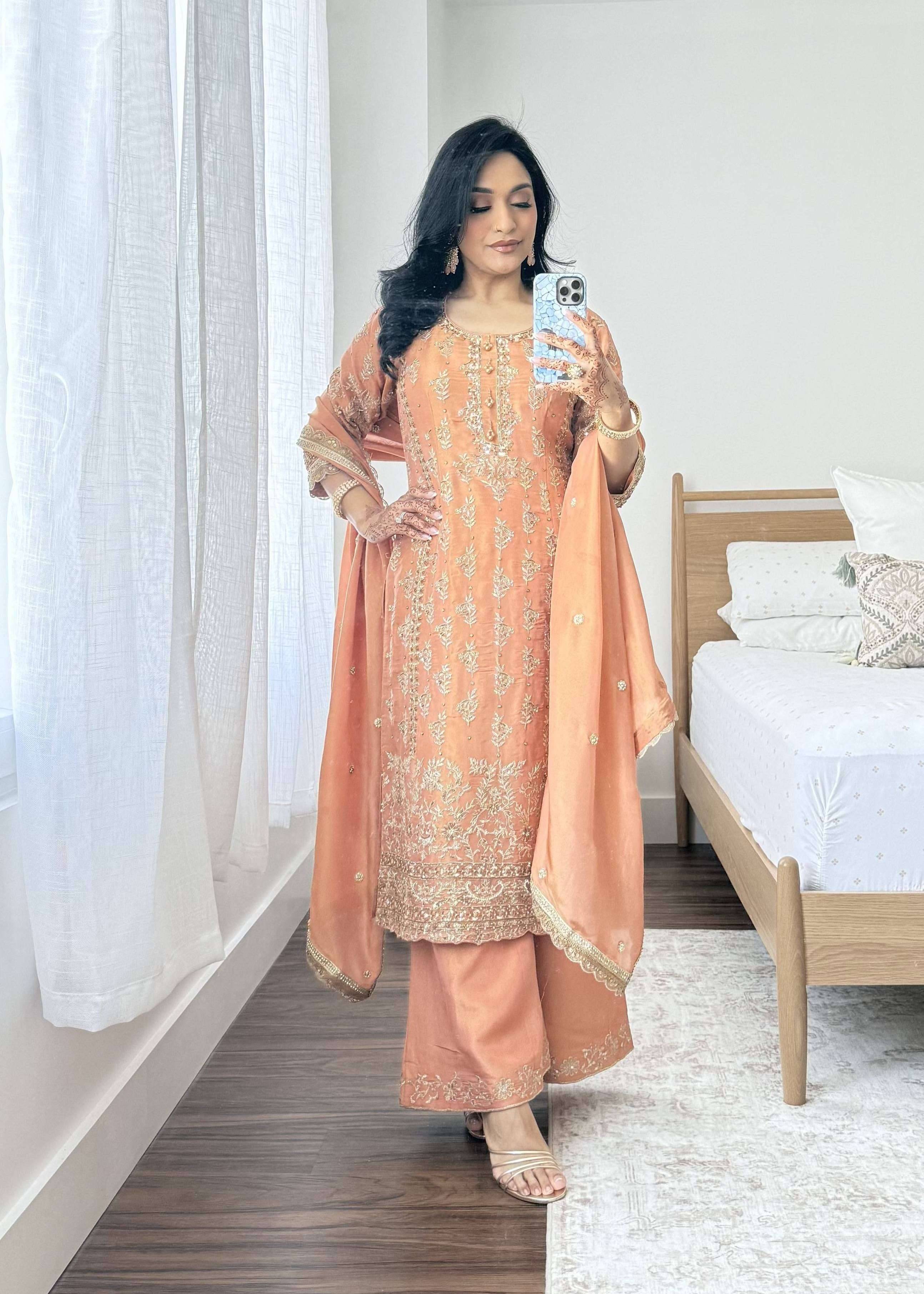 Rust Orange Embroidered Kurta Set Image - 0