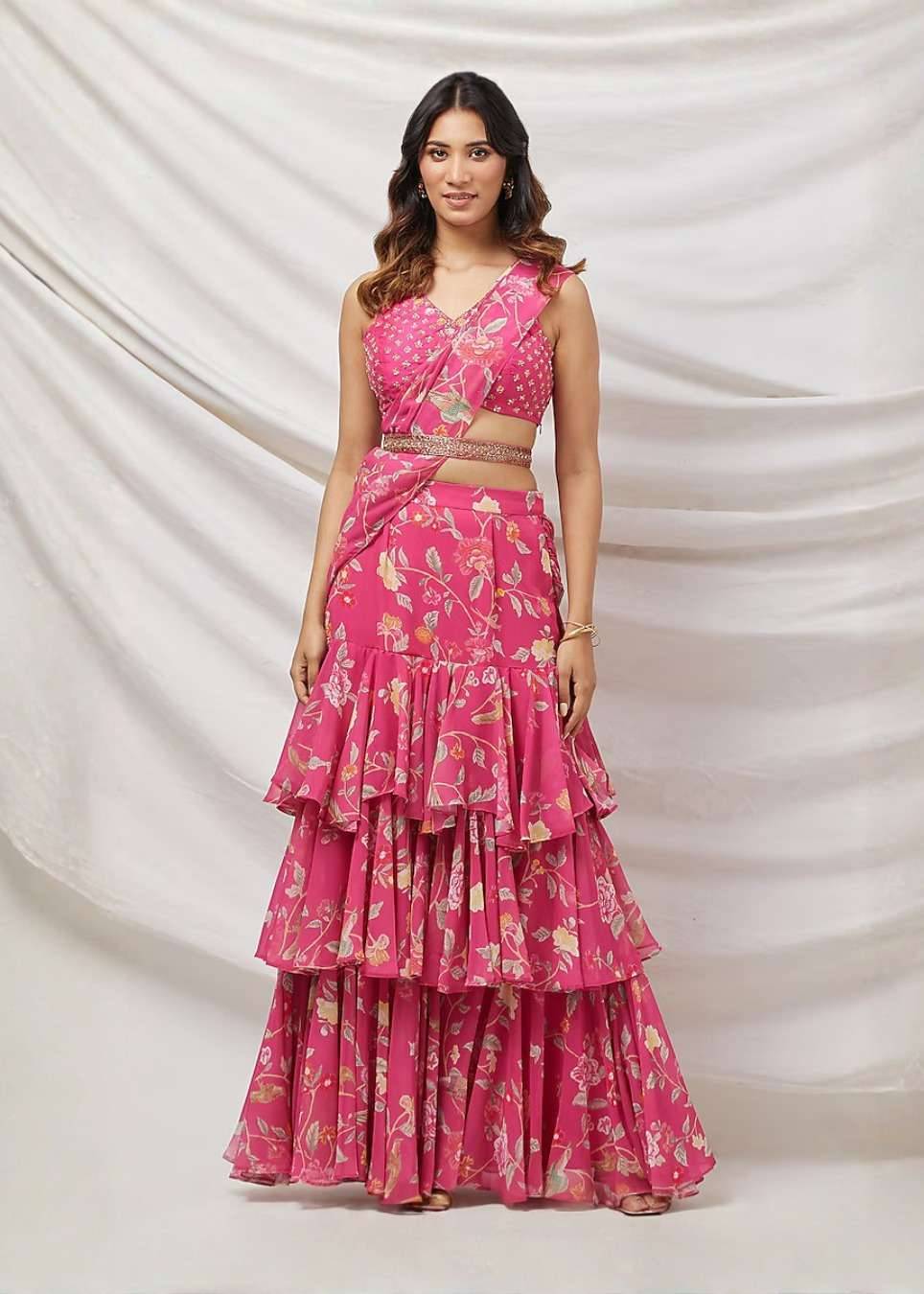 Pink Floral Print Ruffle Lehenga Image - 0