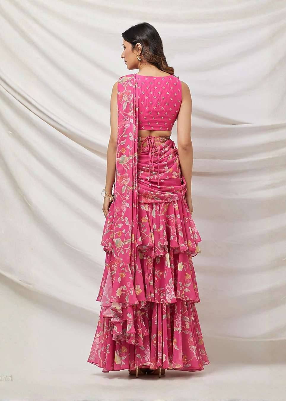 Pink Floral Print Ruffle Lehenga Image - 1