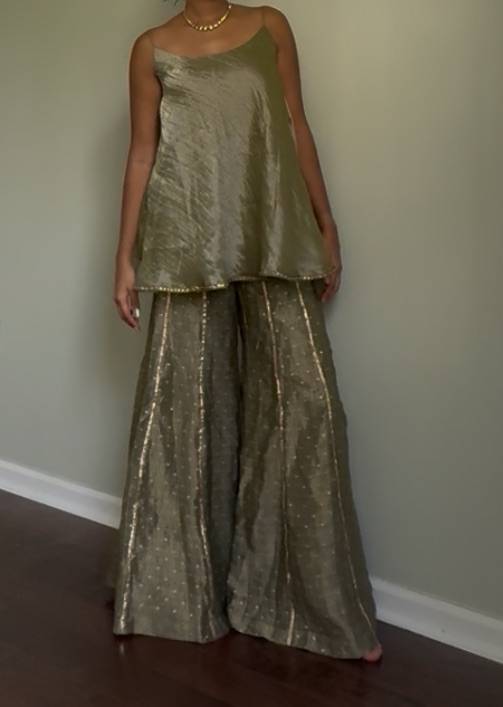 Olive Gold Sheen Sharara Set Image - 0