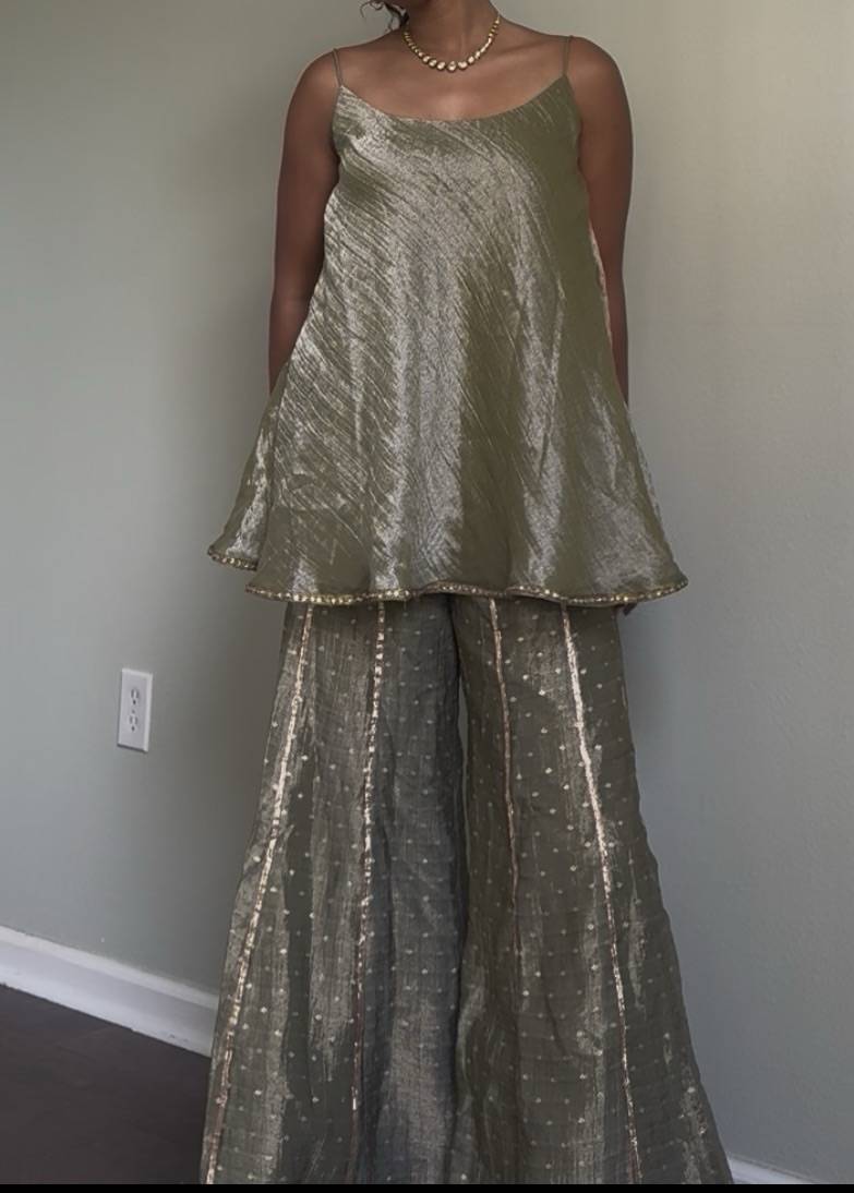 Olive Gold Sheen Sharara Set Image - 1
