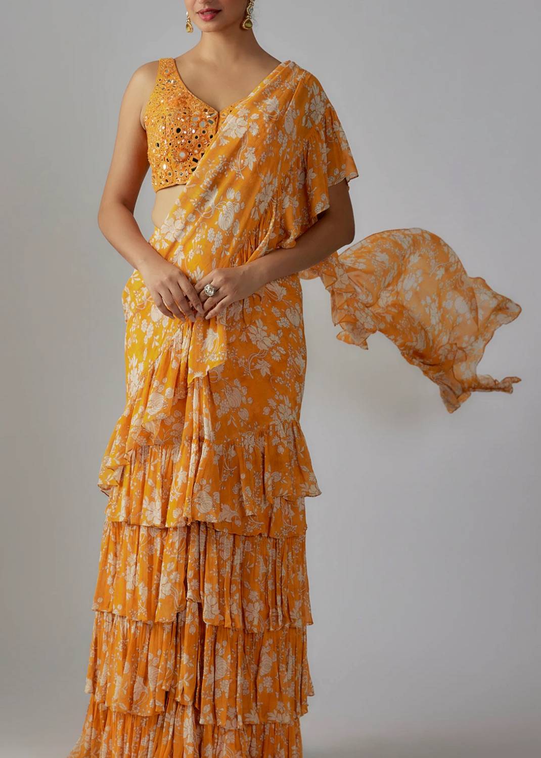 Orange Floral Ruffle Pre-Draped Sari Image - 6