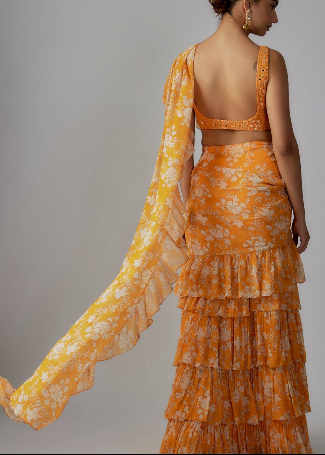Orange Floral Ruffle Pre-Draped Sari Image - 5