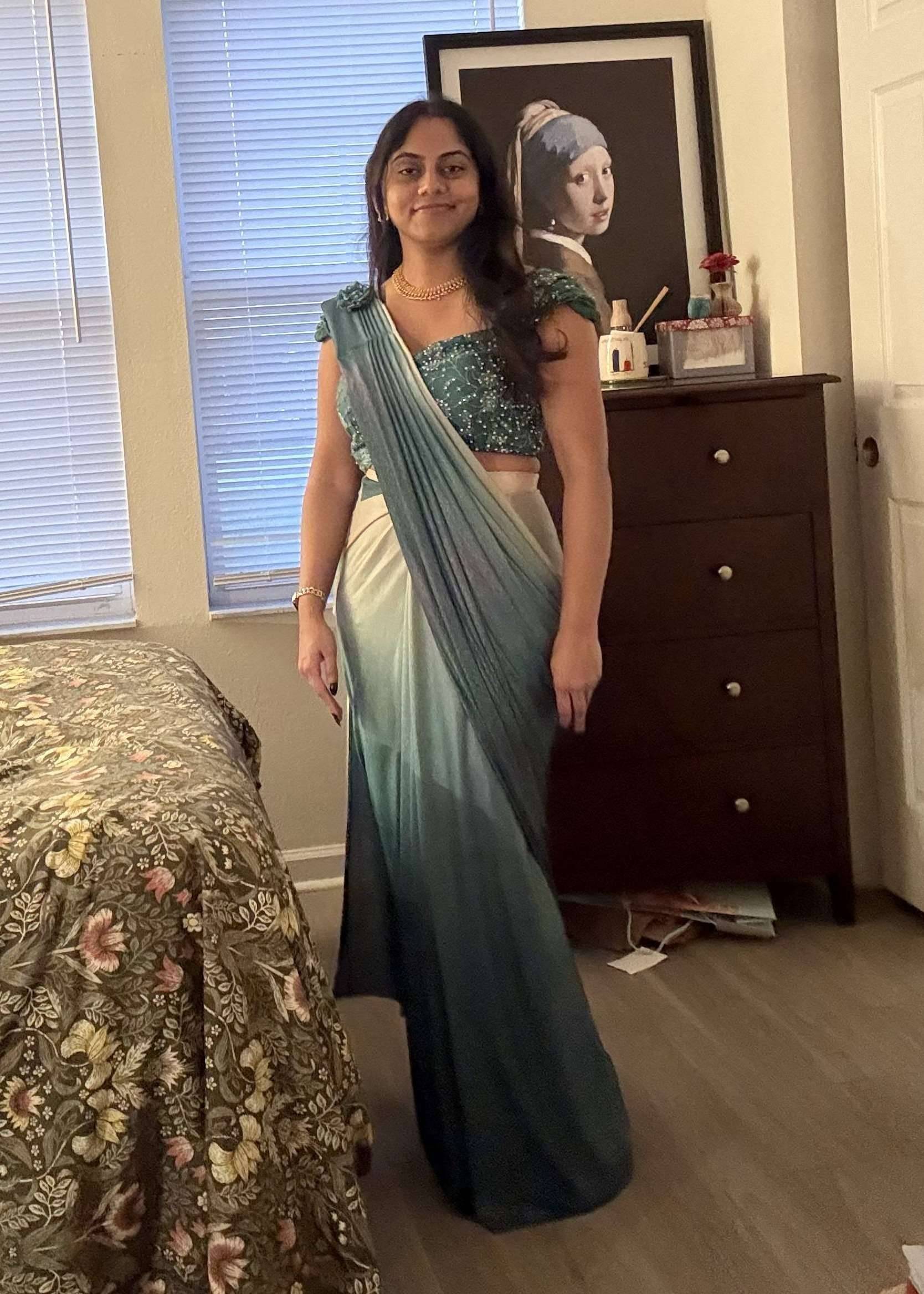 Blue Sequin Pre-draped Sari Image - 0