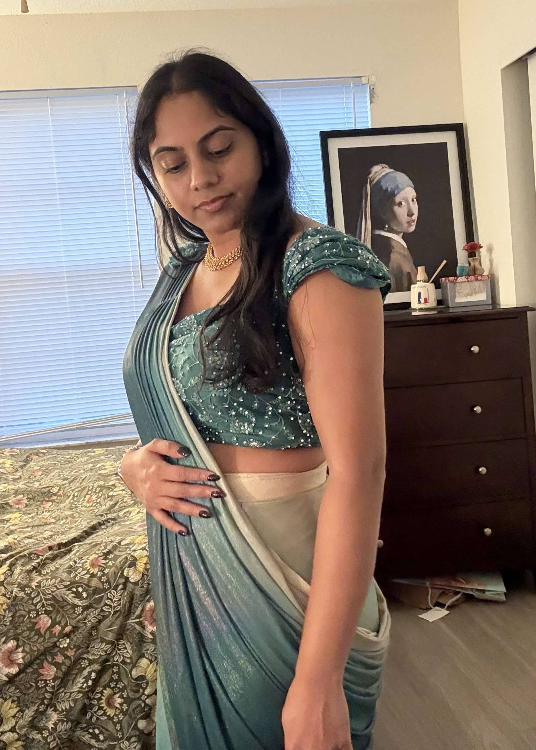 Blue Sequin Pre-draped Sari Image - 1