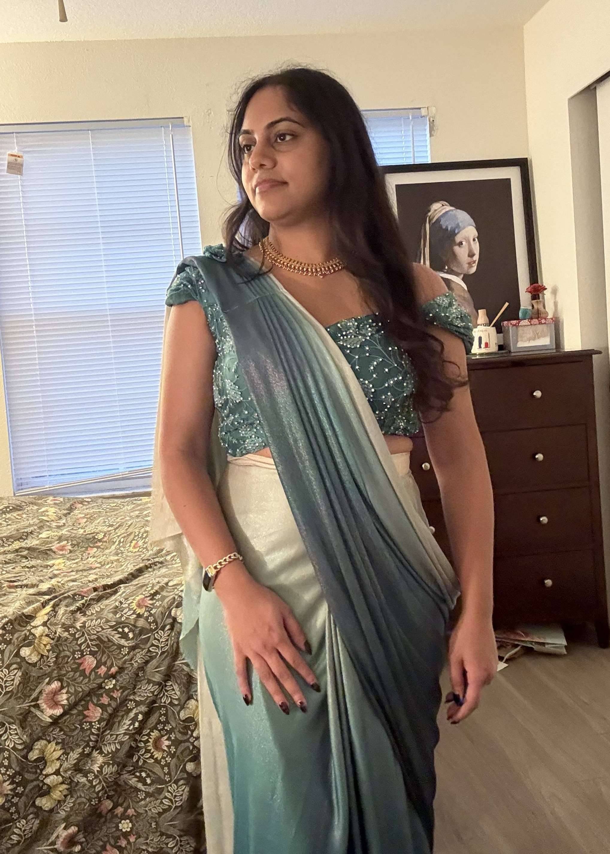 Blue Sequin Pre-draped Sari Image - 2