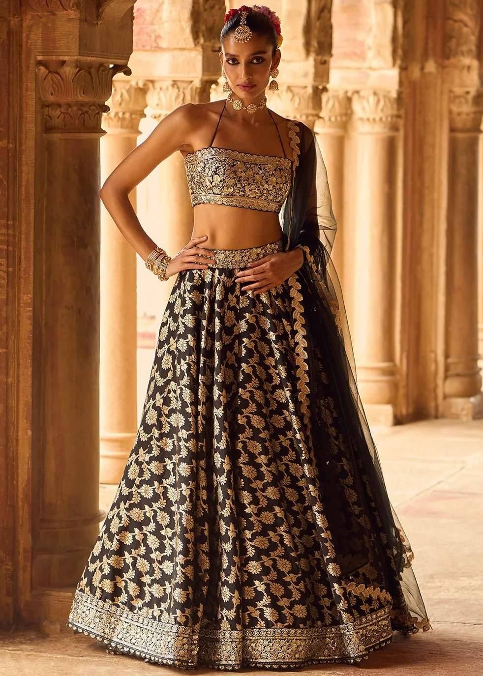 Black Embroidered Brocade Lehenga Image - 1