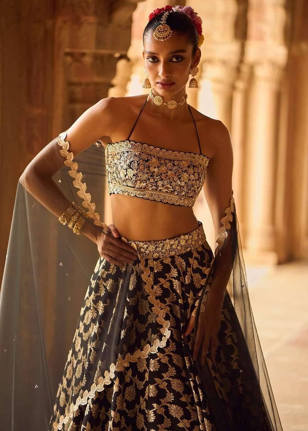 Black Embroidered Brocade Lehenga Image - 4